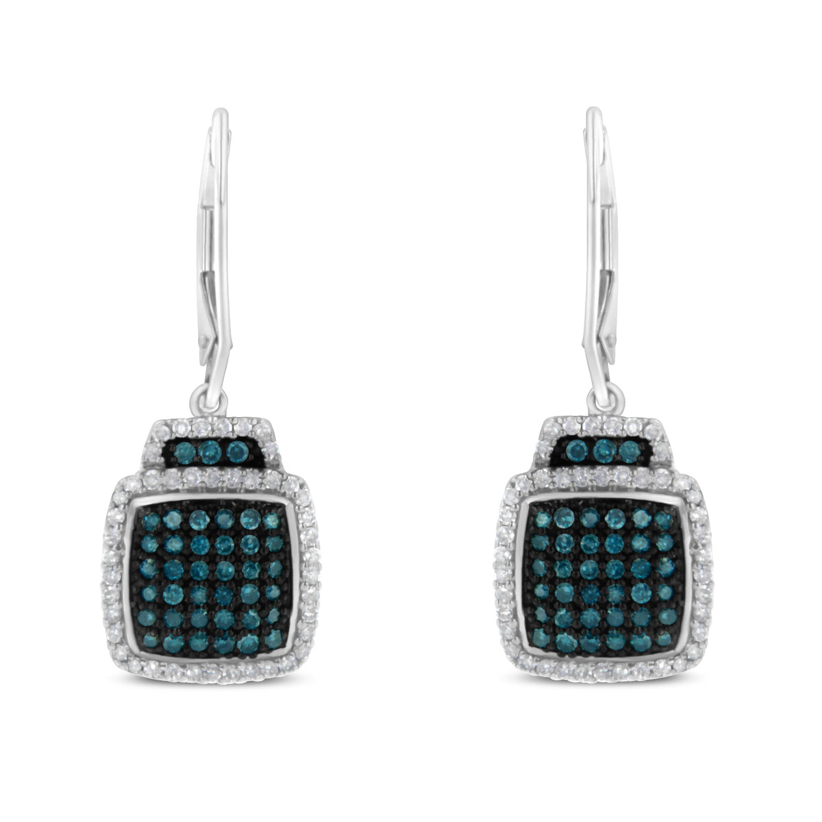 Black Rhodium over .925 Sterling Silver ¾ Cttw Blue and White Diamond Cushion Shaped Dangle Earrings (Enhanced Blue &amp; I-J Color, I2-I3 Clarity) - LinkagejewelrydesignLinkagejewelrydesign