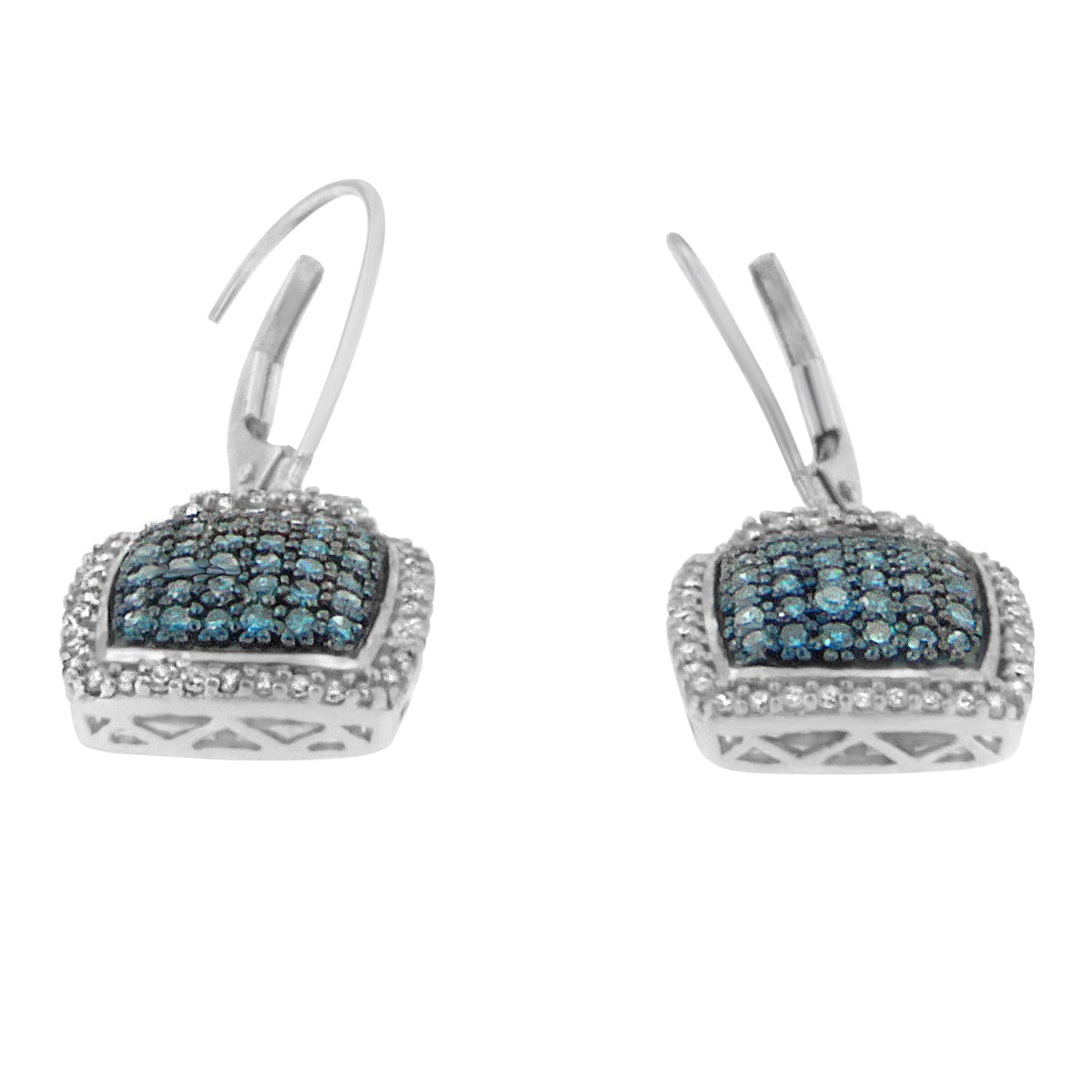 Black Rhodium over .925 Sterling Silver ¾ Cttw Blue and White Diamond Cushion Shaped Dangle Earrings (Enhanced Blue &amp; I-J Color, I2-I3 Clarity) - LinkagejewelrydesignLinkagejewelrydesign
