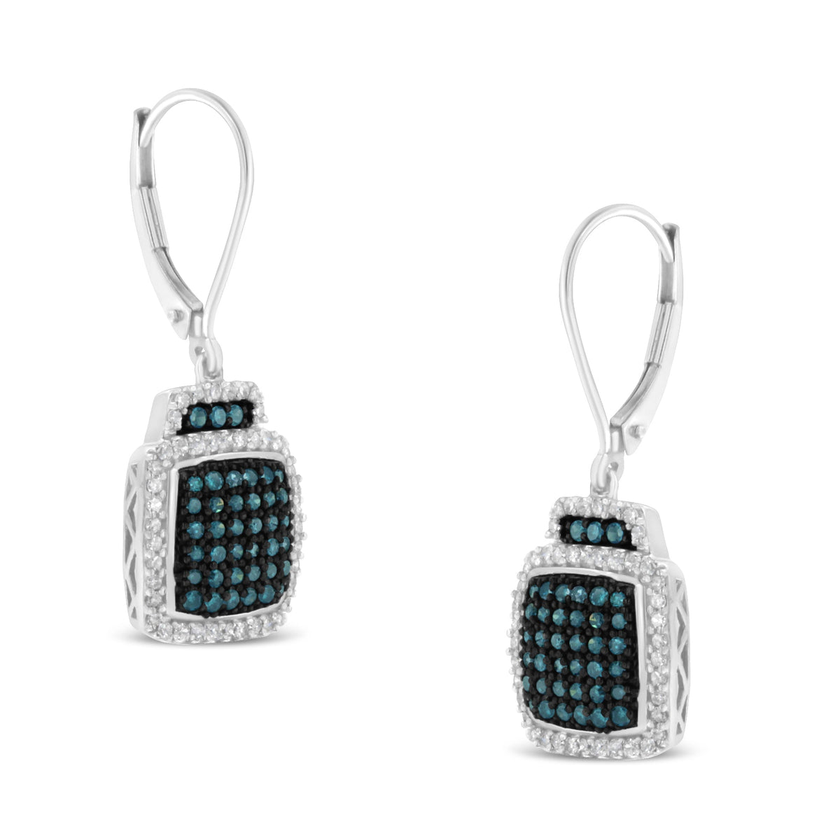 Black Rhodium over .925 Sterling Silver ¾ Cttw Blue and White Diamond Cushion Shaped Dangle Earrings (Enhanced Blue &amp; I-J Color, I2-I3 Clarity) - LinkagejewelrydesignLinkagejewelrydesign