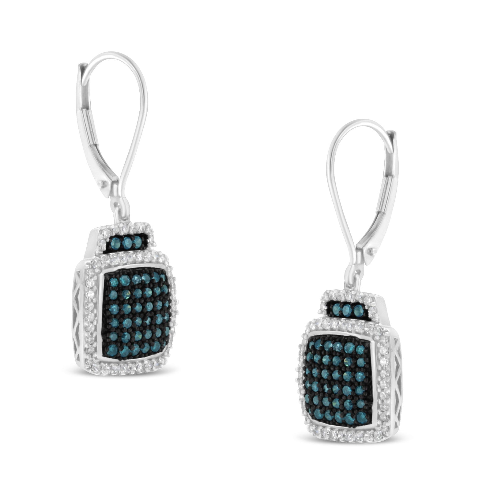 Black Rhodium over .925 Sterling Silver ¾ Cttw Blue and White Diamond Cushion Shaped Dangle Earrings (Enhanced Blue & I-J Color, I2-I3 Clarity) - LinkagejewelrydesignLinkagejewelrydesign