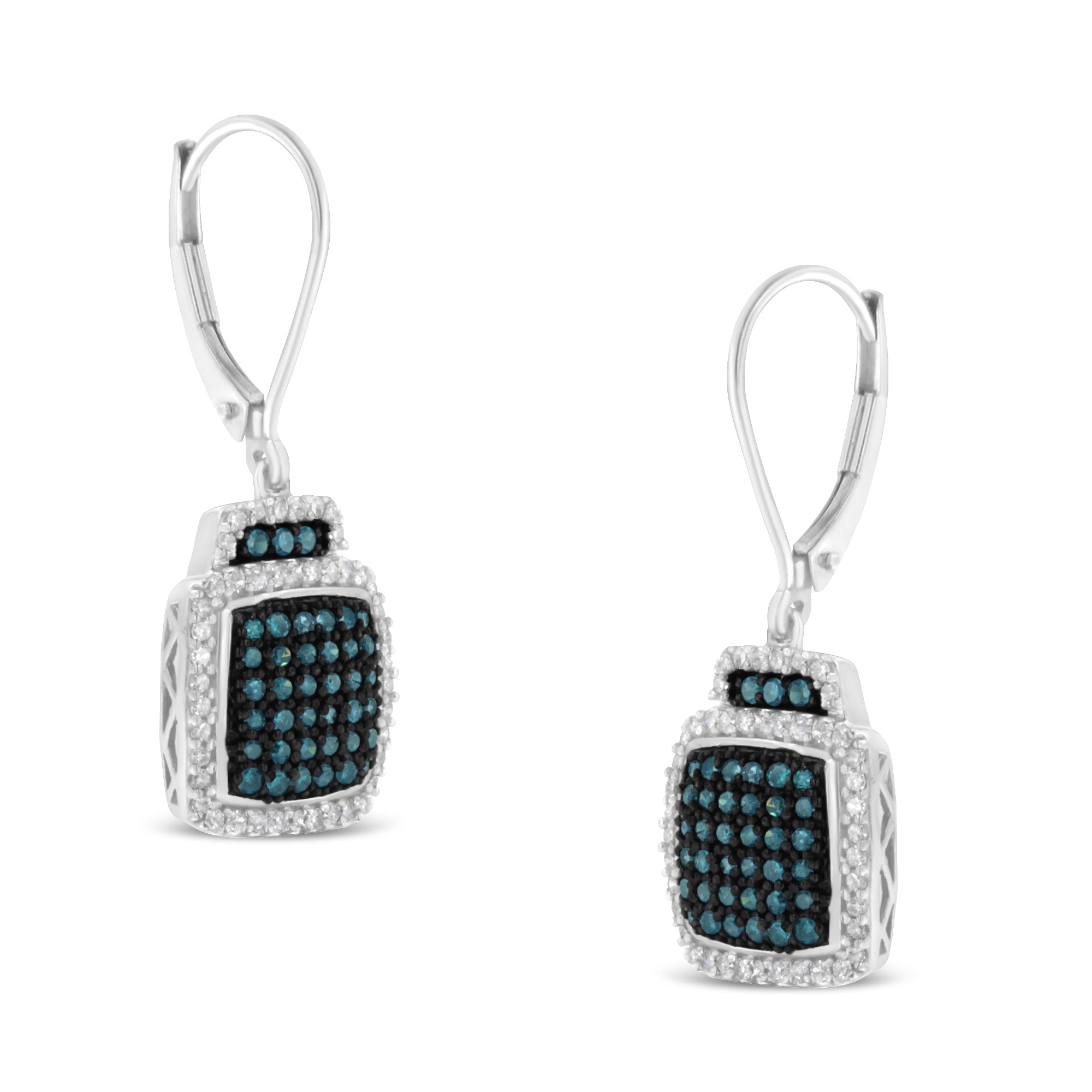 Black Rhodium over .925 Sterling Silver ¾ Cttw Blue and White Diamond Cushion Shaped Dangle Earrings (Enhanced Blue & I-J Color, I2-I3 Clarity) - LinkagejewelrydesignLinkagejewelrydesign