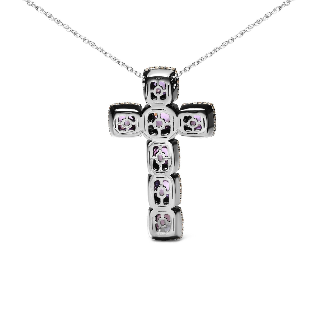 Black Rhodium Plated 18K Rose Gold 1 1/2 Cttw Brown Pave Diamonds and Cushion Cut Rose De France Amethyst Halo Cross 18&quot; Pendant Necklace (Brown Color, SI1-SI2 Clarity) - LinkagejewelrydesignLinkagejewelrydesign