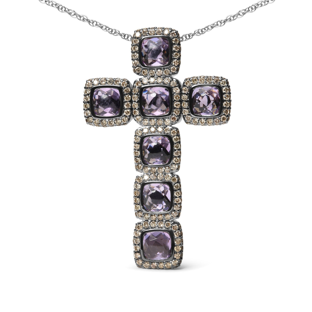 Black Rhodium Plated 18K Rose Gold 1 1/2 Cttw Brown Pave Diamonds and Cushion Cut Rose De France Amethyst Halo Cross 18&quot; Pendant Necklace (Brown Color, SI1-SI2 Clarity) - LinkagejewelrydesignLinkagejewelrydesign