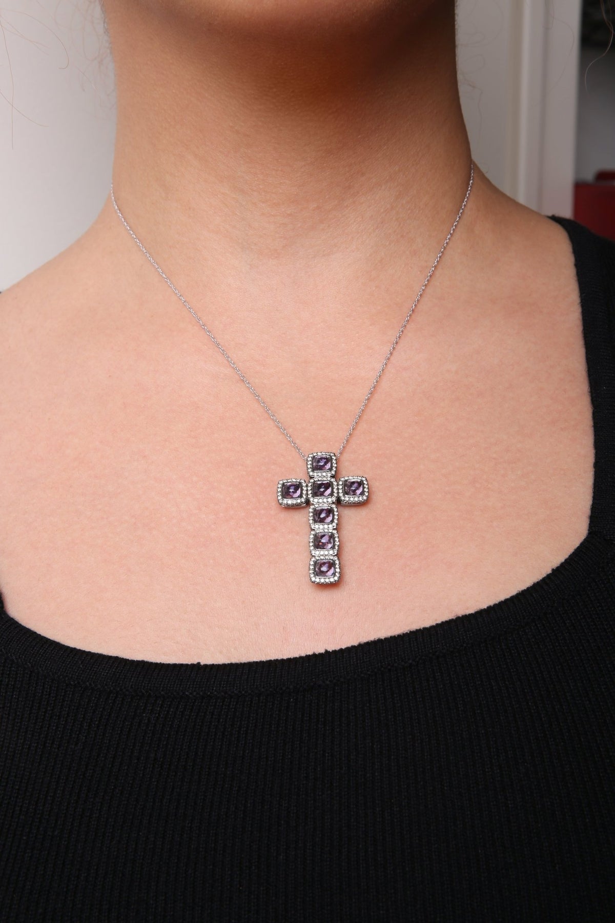 Black Rhodium Plated 18K Rose Gold 1 1/2 Cttw Brown Pave Diamonds and Cushion Cut Rose De France Amethyst Halo Cross 18&quot; Pendant Necklace (Brown Color, SI1-SI2 Clarity) - LinkagejewelrydesignLinkagejewelrydesign