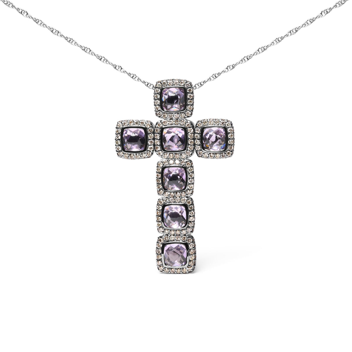 Black Rhodium Plated 18K Rose Gold 1 1/2 Cttw Brown Pave Diamonds and Cushion Cut Rose De France Amethyst Halo Cross 18&quot; Pendant Necklace (Brown Color, SI1-SI2 Clarity) - LinkagejewelrydesignLinkagejewelrydesign