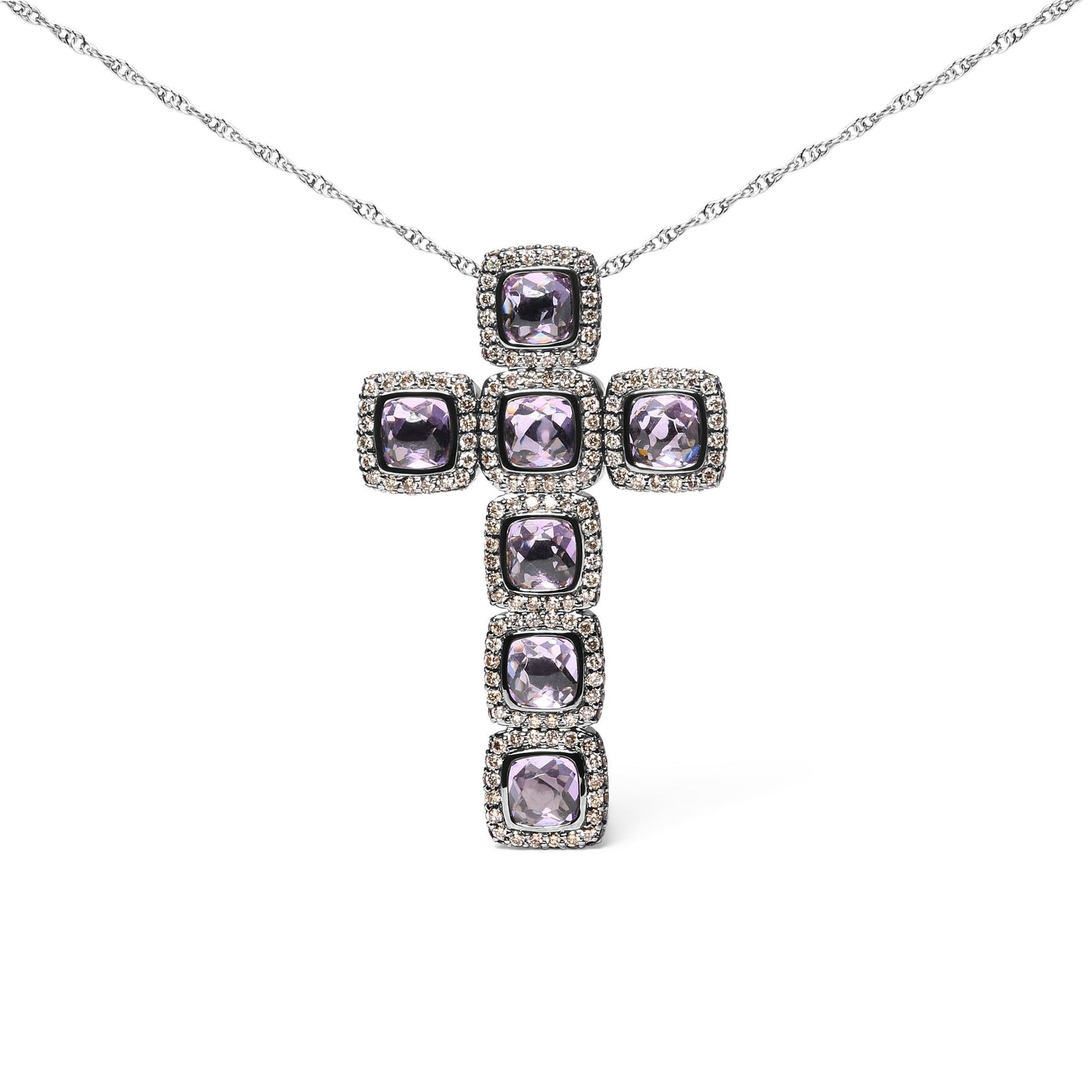 Black Rhodium Plated 18K Rose Gold 1 1/2 Cttw Brown Pave Diamonds and Cushion Cut Rose De France Amethyst Halo Cross 18" Pendant Necklace (Brown Color, SI1-SI2 Clarity) - LinkagejewelrydesignLinkagejewelrydesign