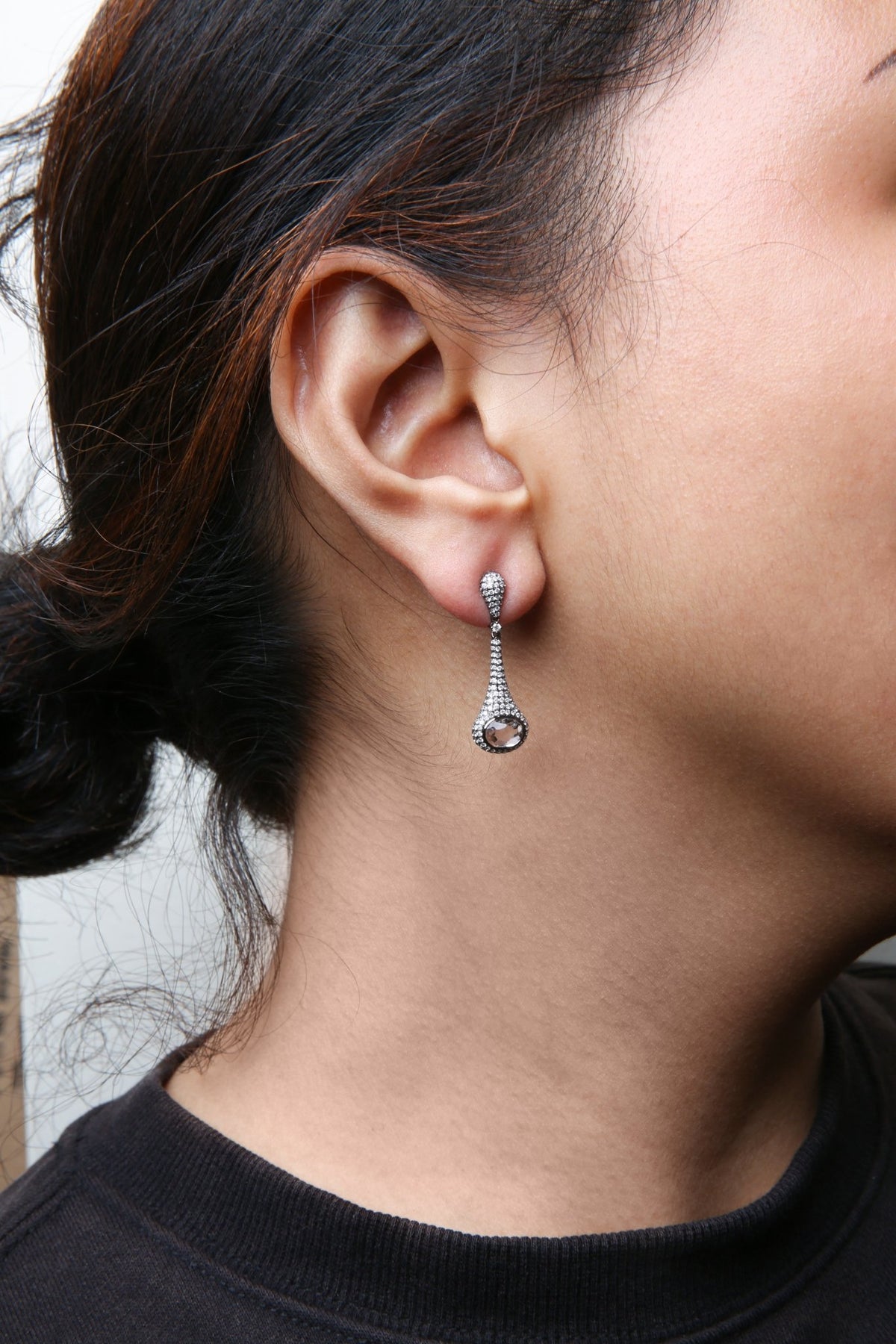 Black Rhodium Plated 18K White Gold 1 3/8 Cttw Round Pave Diamonds and 8x6mm Oval White Quartz Gemstone Sculptural Drop and Dangle Earrings (G-H Color, SI1-SI2 Clarity) - LinkagejewelrydesignLinkagejewelrydesign