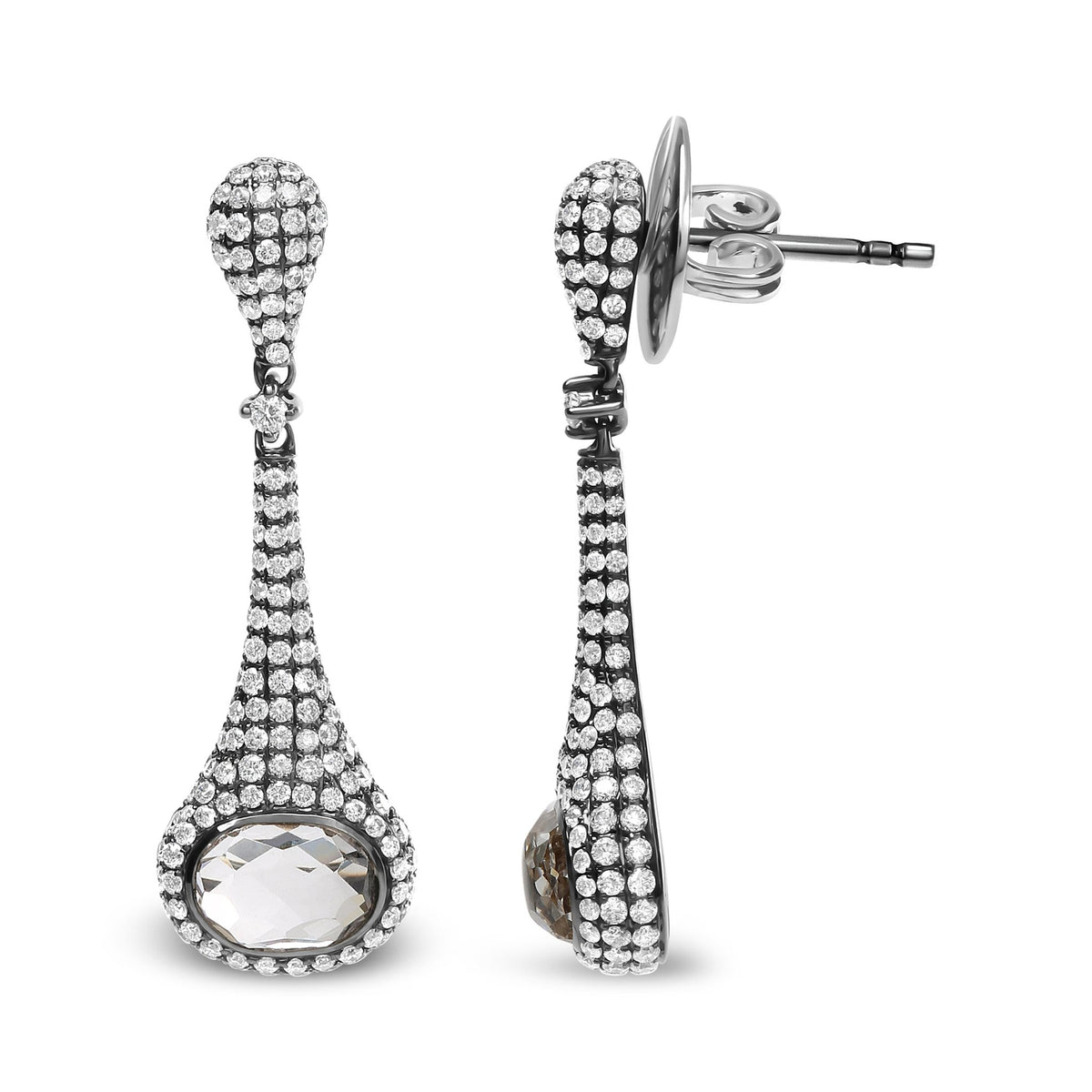Black Rhodium Plated 18K White Gold 1 3/8 Cttw Round Pave Diamonds and 8x6mm Oval White Quartz Gemstone Sculptural Drop and Dangle Earrings (G-H Color, SI1-SI2 Clarity) - LinkagejewelrydesignLinkagejewelrydesign