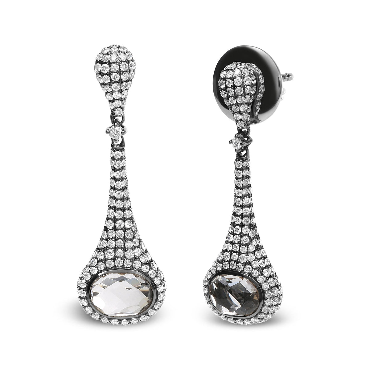 Black Rhodium Plated 18K White Gold 1 3/8 Cttw Round Pave Diamonds and 8x6mm Oval White Quartz Gemstone Sculptural Drop and Dangle Earrings (G-H Color, SI1-SI2 Clarity) - LinkagejewelrydesignLinkagejewelrydesign