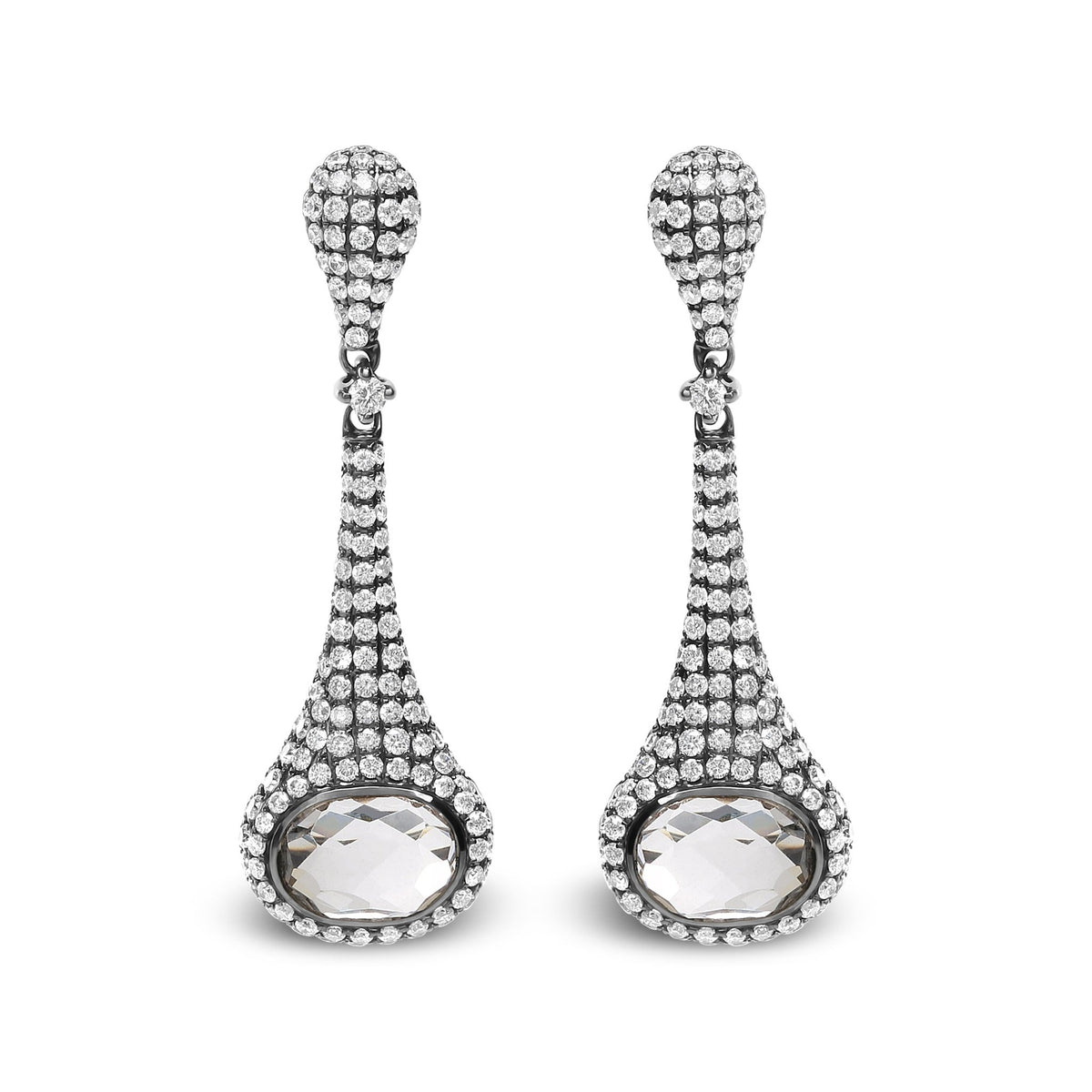 Black Rhodium Plated 18K White Gold 1 3/8 Cttw Round Pave Diamonds and 8x6mm Oval White Quartz Gemstone Sculptural Drop and Dangle Earrings (G-H Color, SI1-SI2 Clarity) - LinkagejewelrydesignLinkagejewelrydesign