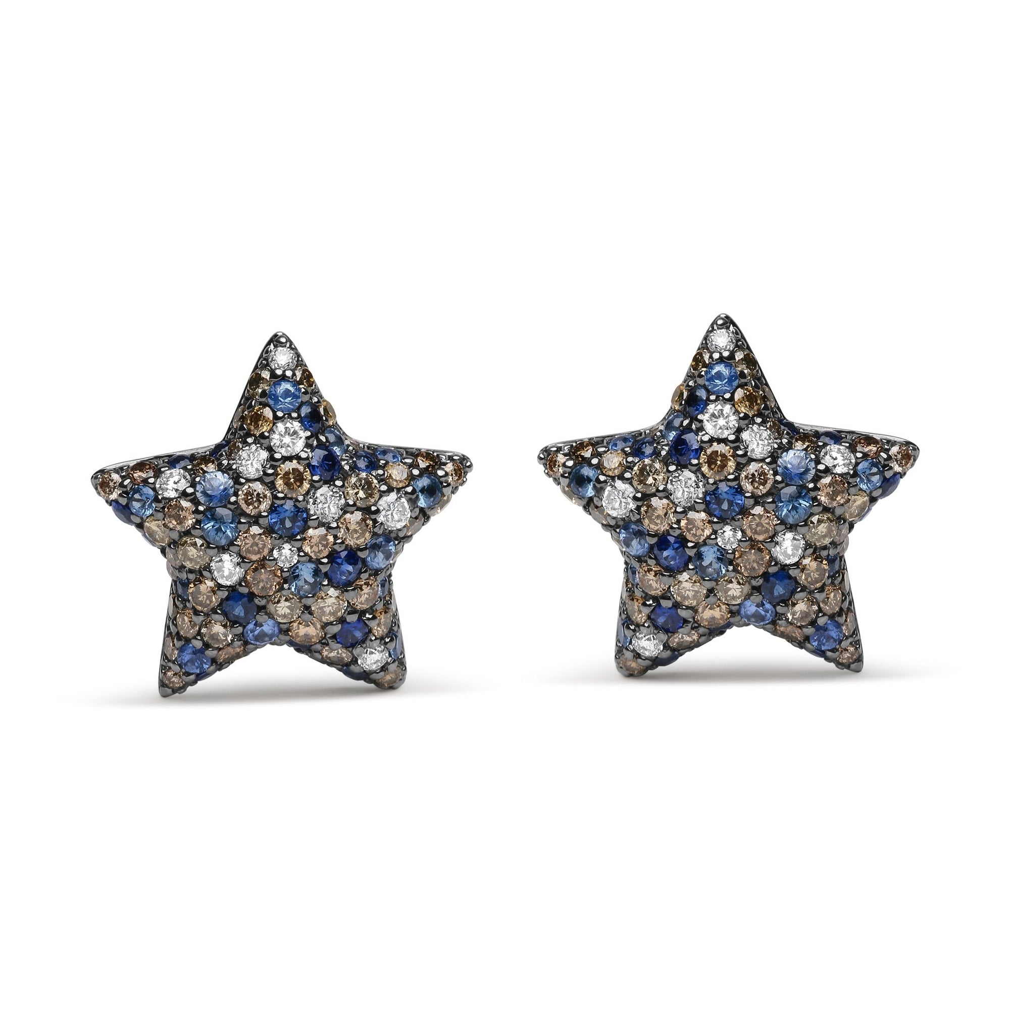 Black Rhodium Plated 18K White Gold 1.00 Cttw Diamond and Round Blue Sapphire Gemstone Micro-Pave Star Stud Earrings (Brown and G-H Color, SI1-SI2 Clarity) - LinkagejewelrydesignLinkagejewelrydesign