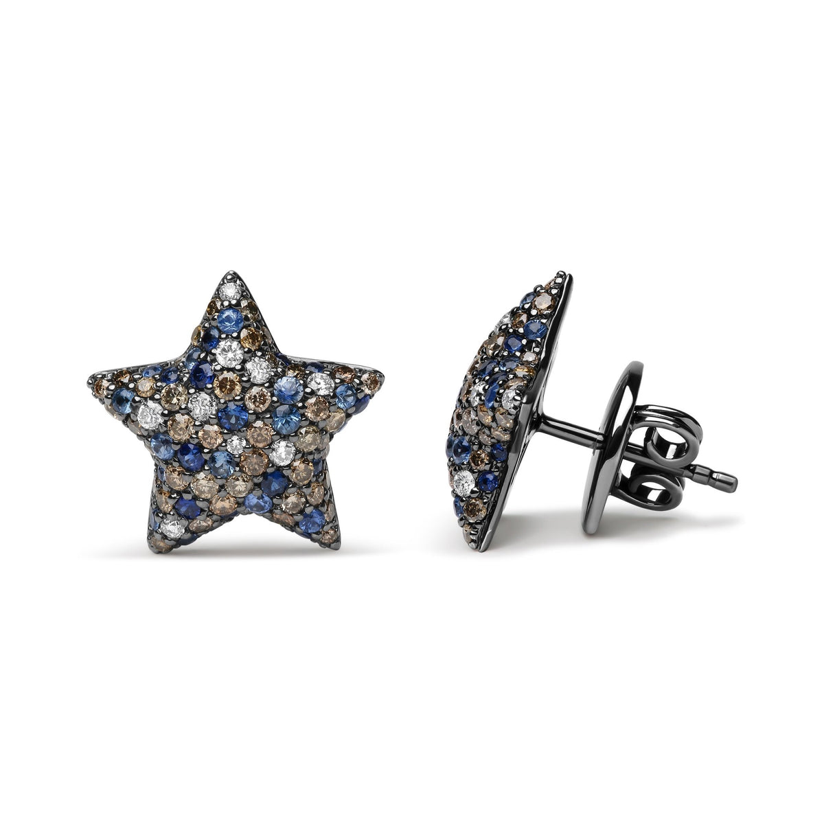 Black Rhodium Plated 18K White Gold 1.00 Cttw Diamond and Round Blue Sapphire Gemstone Micro-Pave Star Stud Earrings (Brown and G-H Color, SI1-SI2 Clarity) - LinkagejewelrydesignLinkagejewelrydesign