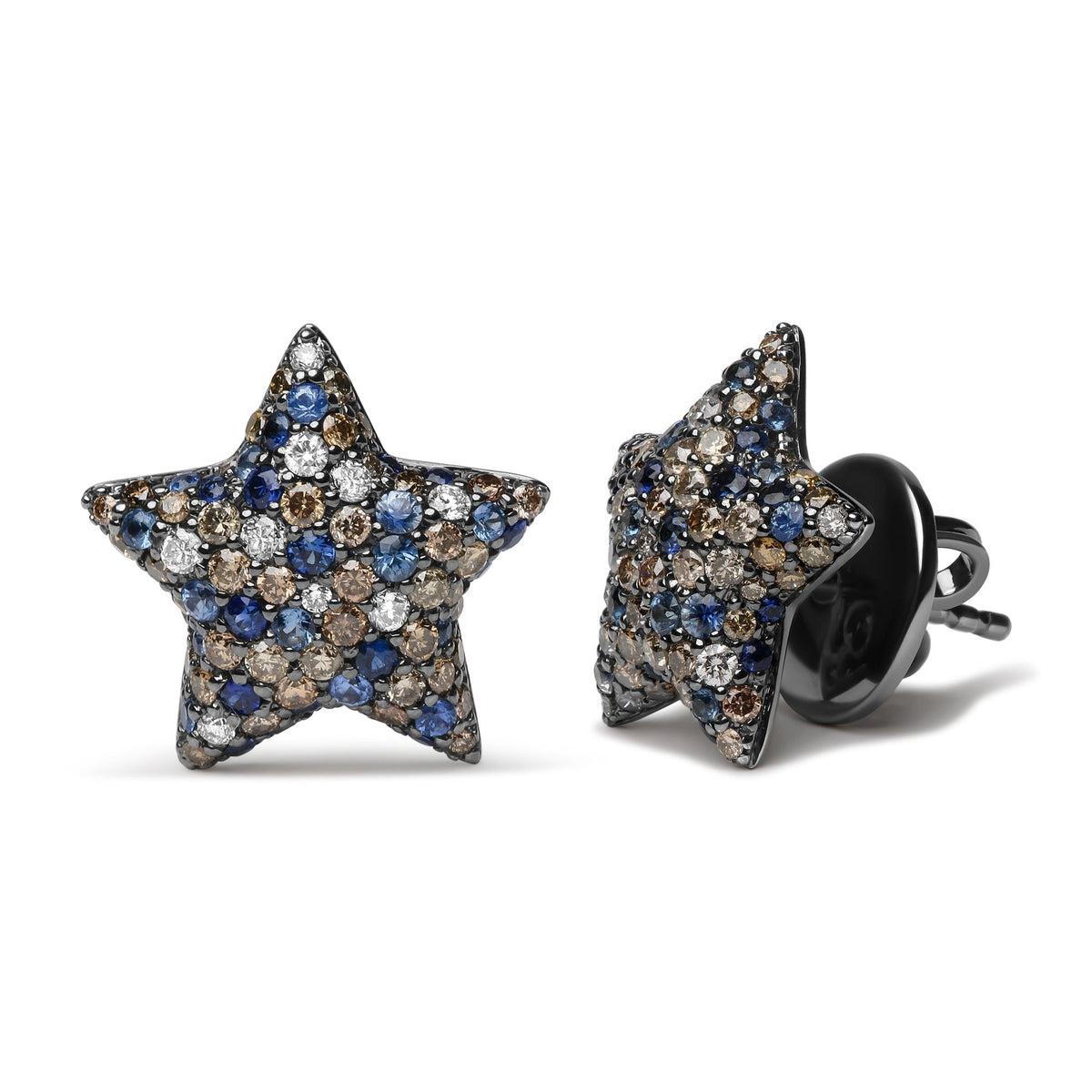 Black Rhodium Plated 18K White Gold 1.00 Cttw Diamond and Round Blue Sapphire Gemstone Micro-Pave Star Stud Earrings (Brown and G-H Color, SI1-SI2 Clarity) - LinkagejewelrydesignLinkagejewelrydesign