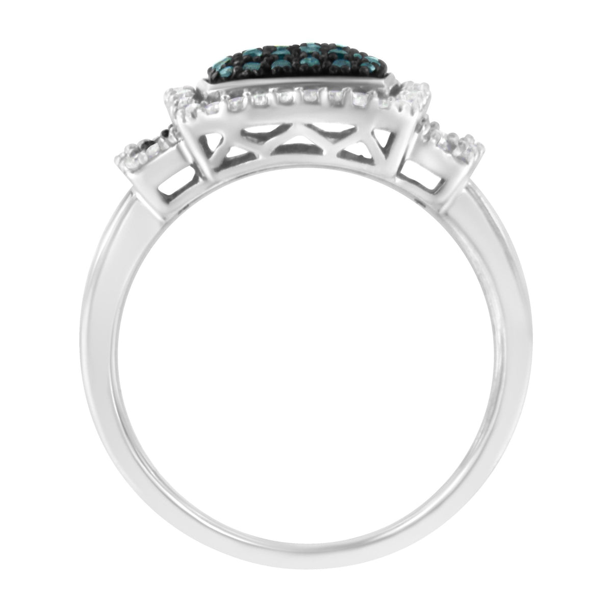 Black Rhodium Plated .925 Sterling Silver 1/2 Cttw White &amp; Blue Diamond Square Halo Cocktail Ring (Fancy Blue &amp; H-I Color, I2-I3 Clarity) - SIze 6 - LinkagejewelrydesignLinkagejewelrydesign