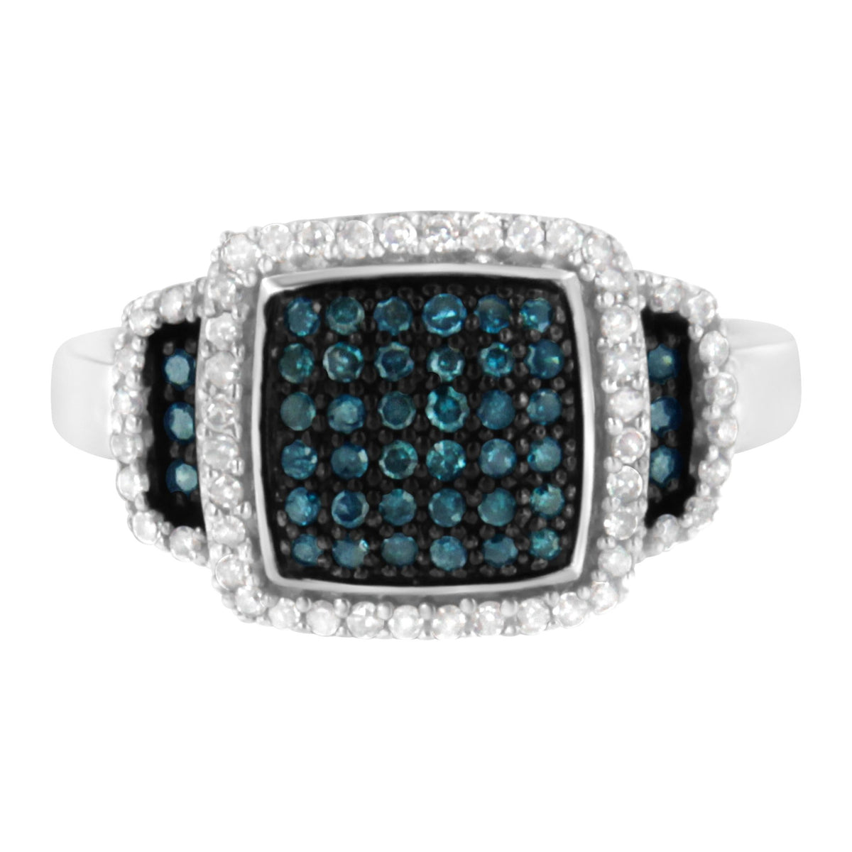 Black Rhodium Plated .925 Sterling Silver 1/2 Cttw White &amp; Blue Diamond Square Halo Cocktail Ring (Fancy Blue &amp; H-I Color, I2-I3 Clarity) - SIze 6 - LinkagejewelrydesignLinkagejewelrydesign