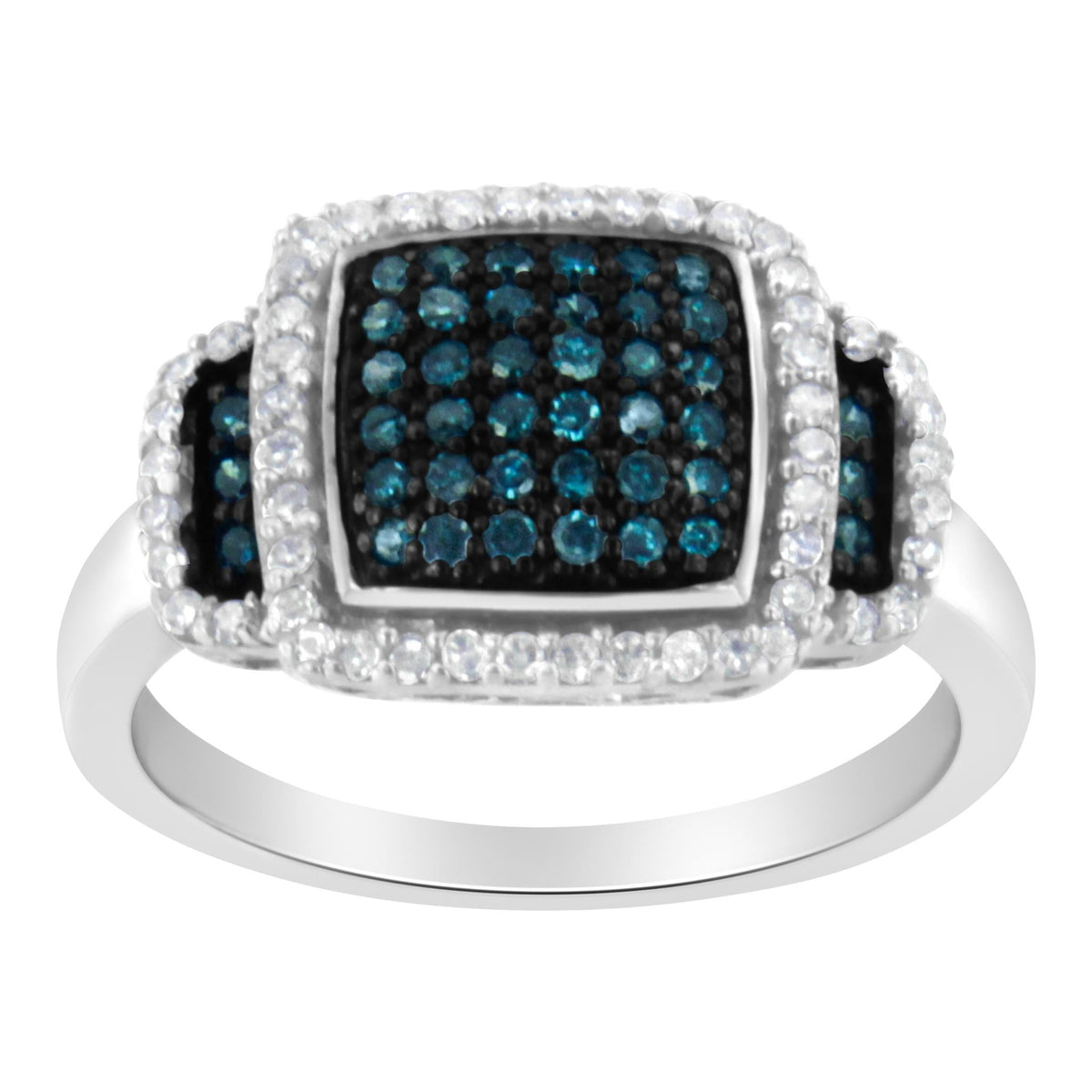 Black Rhodium Plated .925 Sterling Silver 1/2 Cttw White &amp; Blue Diamond Square Halo Cocktail Ring (Fancy Blue &amp; H-I Color, I2-I3 Clarity) - SIze 6 - LinkagejewelrydesignLinkagejewelrydesign