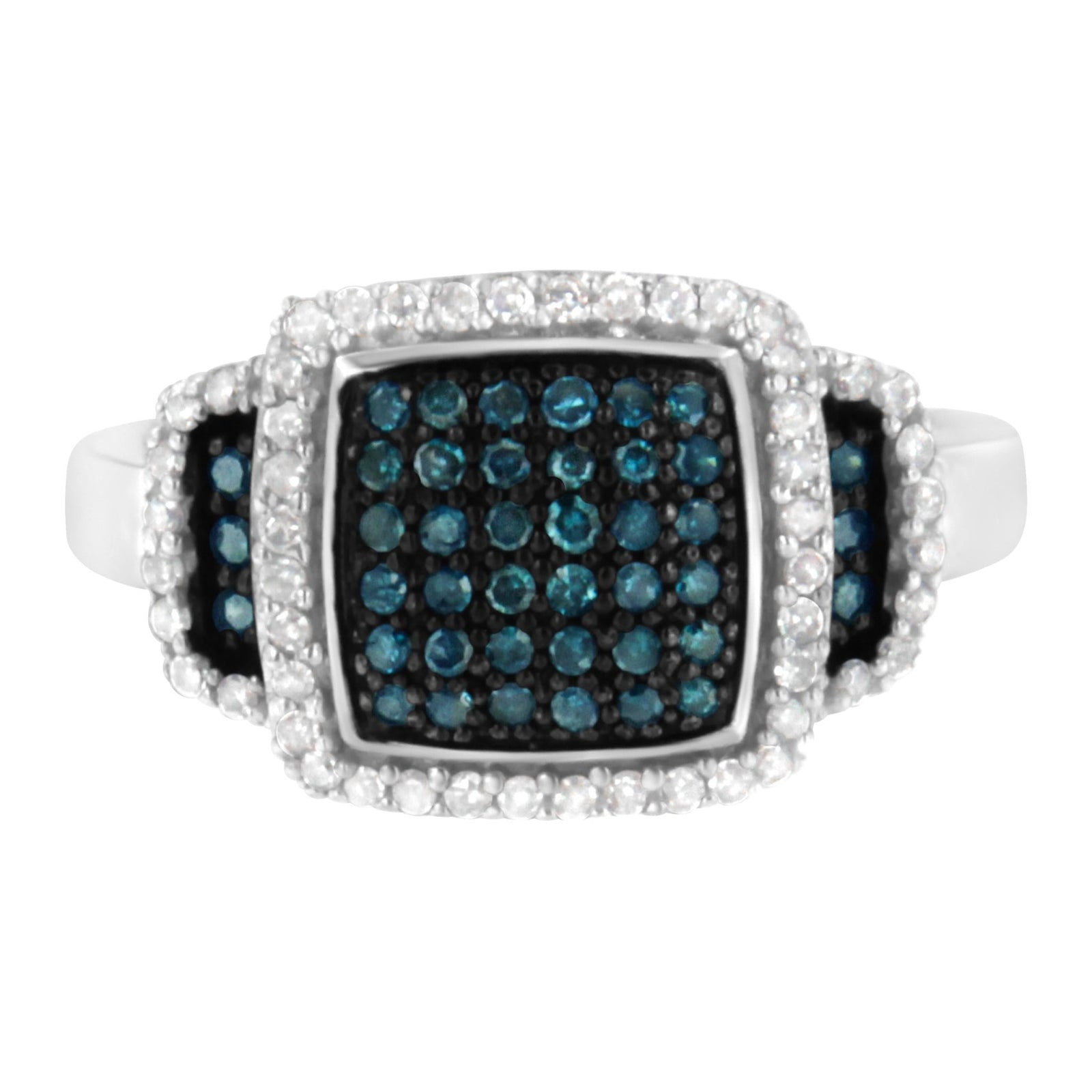 Black Rhodium Plated .925 Sterling Silver 1/2 Cttw White & Blue Diamond Square Halo Cocktail Ring (Fancy Blue & H-I Color, I2-I3 Clarity) - SIze 6 - LinkagejewelrydesignLinkagejewelrydesign