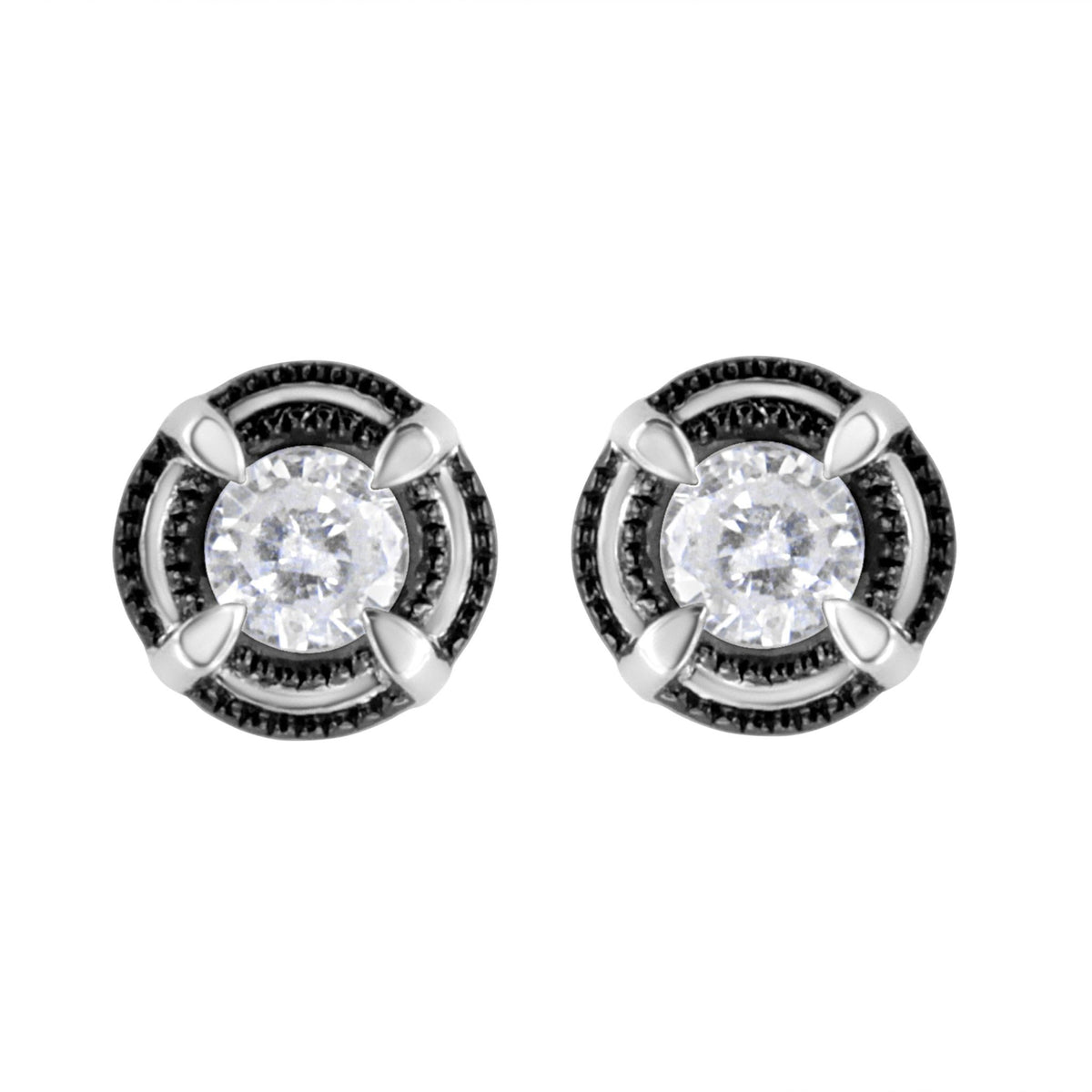 Black Rhodium Plated .925 Sterling Silver Round 1-1/2 cttw Diamond Double Halo 4-Prong Solitaire Milgrain Stud Earrings (H-I Color, I2-I3 Clarity) - LinkagejewelrydesignLinkagejewelrydesign