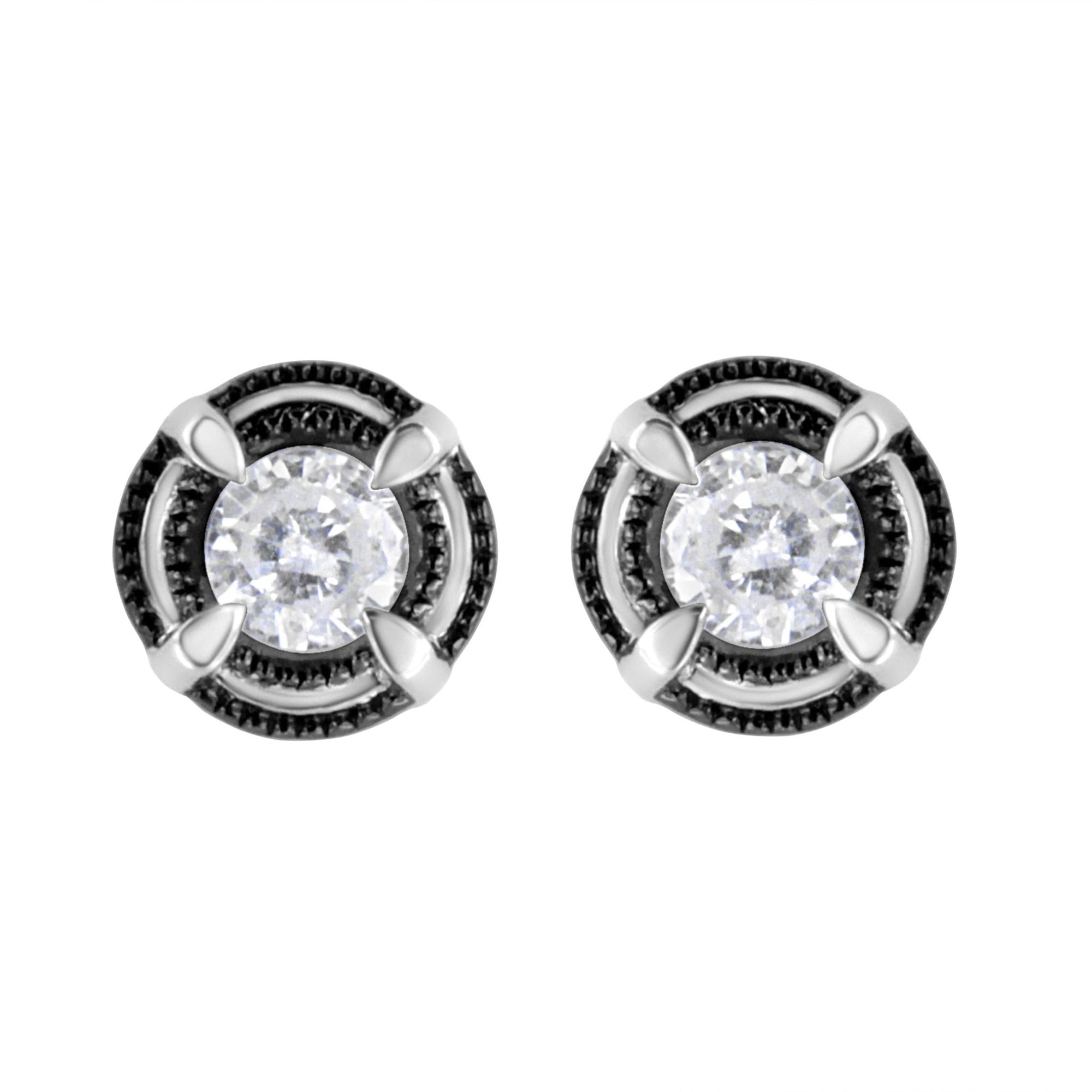 Black Rhodium Plated .925 Sterling Silver Round 1-1/2 cttw Diamond Double Halo 4-Prong Solitaire Milgrain Stud Earrings (H-I Color, I2-I3 Clarity) - LinkagejewelrydesignLinkagejewelrydesign