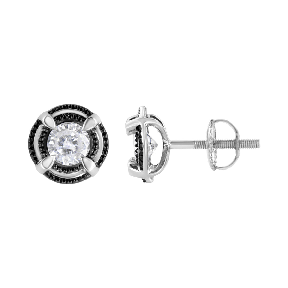 Black Rhodium Plated .925 Sterling Silver Round 1-1/2 cttw Diamond Double Halo 4-Prong Solitaire Milgrain Stud Earrings (H-I Color, I2-I3 Clarity) - LinkagejewelrydesignLinkagejewelrydesign