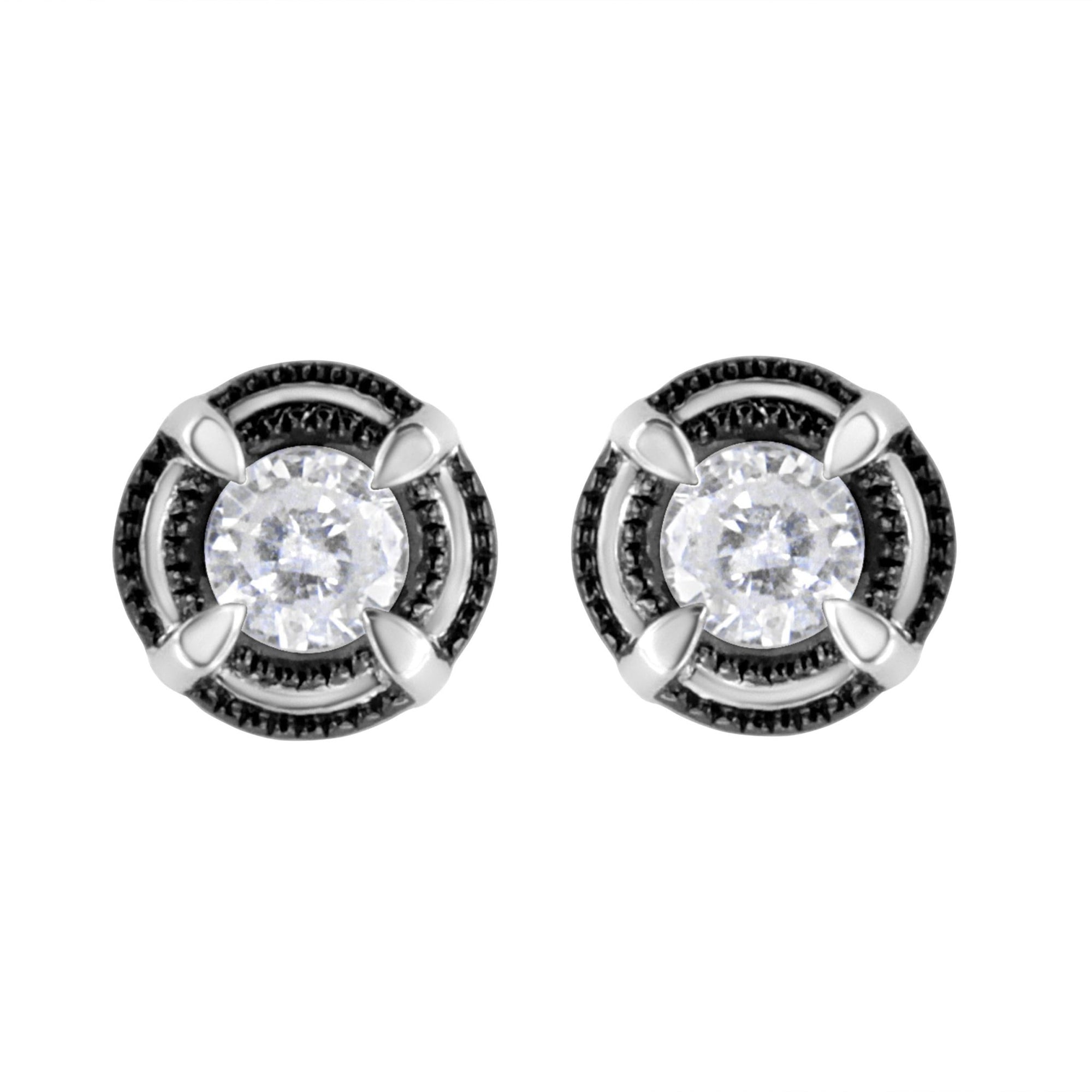 Black Rhodium Plated .925 Sterling Silver Round 1/2 cttw Diamond Double Halo 4-Prong Solitaire Milgrain Stud Earrings (H-I Color, I2-I3 Clarity) - LinkagejewelrydesignLinkagejewelrydesign