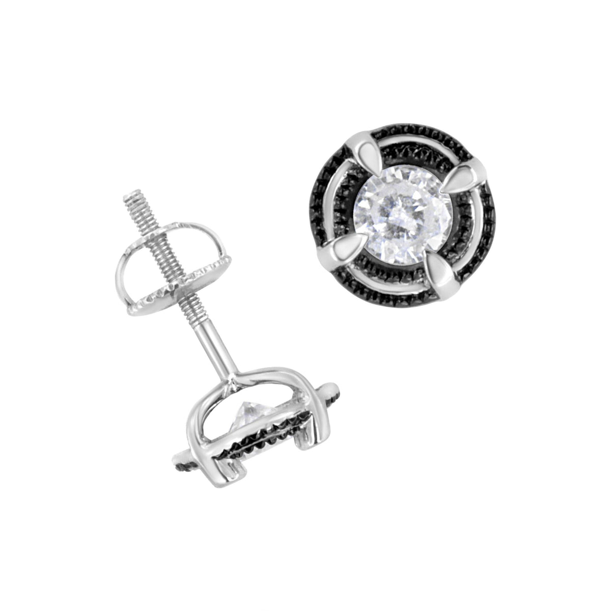 Black Rhodium Plated .925 Sterling Silver Round 1/2 cttw Diamond Double Halo 4-Prong Solitaire Milgrain Stud Earrings (H-I Color, I2-I3 Clarity) - LinkagejewelrydesignLinkagejewelrydesign