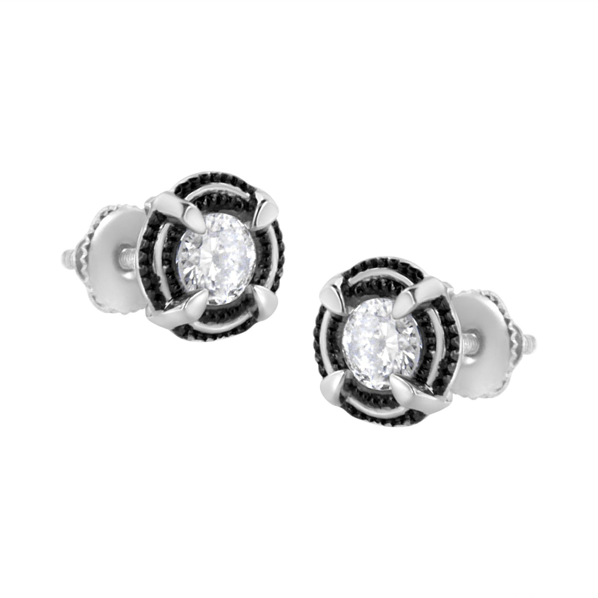 Black Rhodium Plated .925 Sterling Silver Round 1/2 cttw Diamond Double Halo 4-Prong Solitaire Milgrain Stud Earrings (H-I Color, I2-I3 Clarity) - LinkagejewelrydesignLinkagejewelrydesign