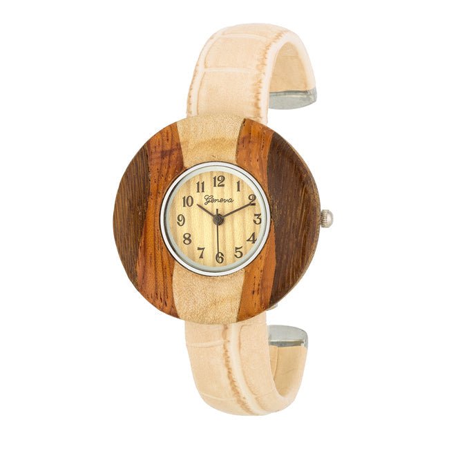 Brenna Beige Wood Inspired Leather Cuff Watch - LinkagejewelrydesignLinkagejewelrydesign