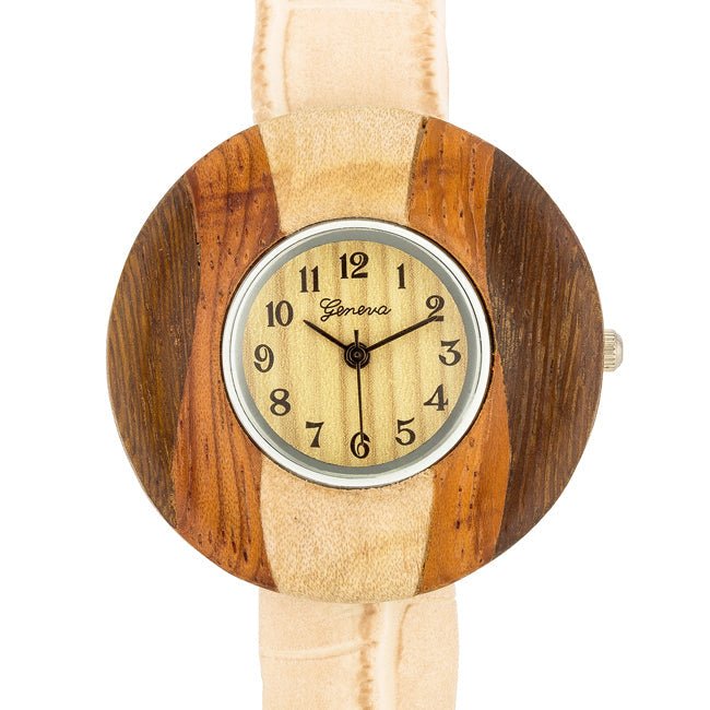 Brenna Beige Wood Inspired Leather Cuff Watch - LinkagejewelrydesignLinkagejewelrydesign