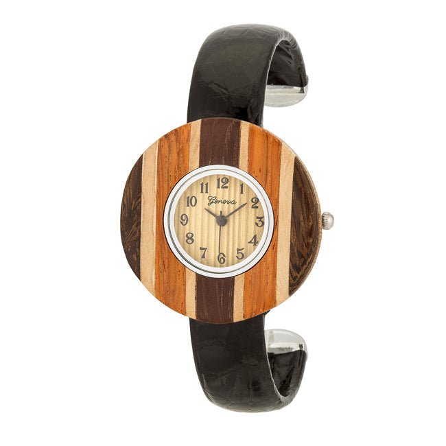 Brenna Black Wood Inspired Leather Cuff Watch - LinkagejewelrydesignLinkagejewelrydesign