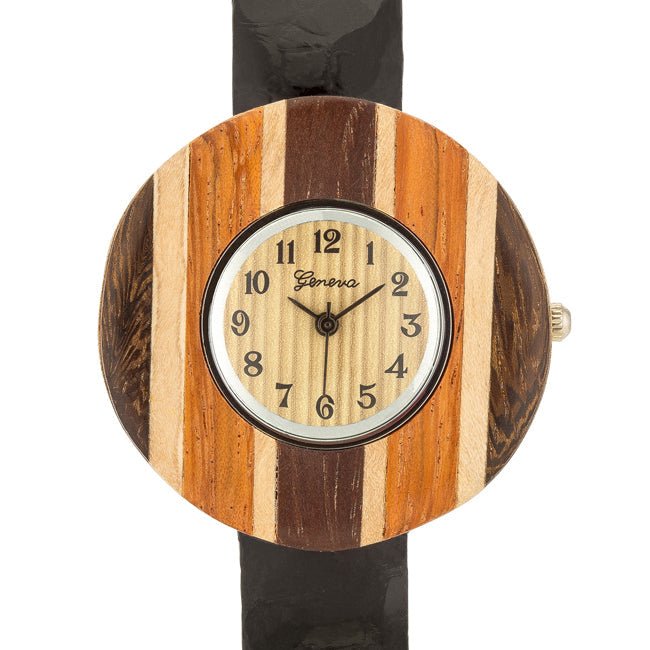 Brenna Black Wood Inspired Leather Cuff Watch - LinkagejewelrydesignLinkagejewelrydesign