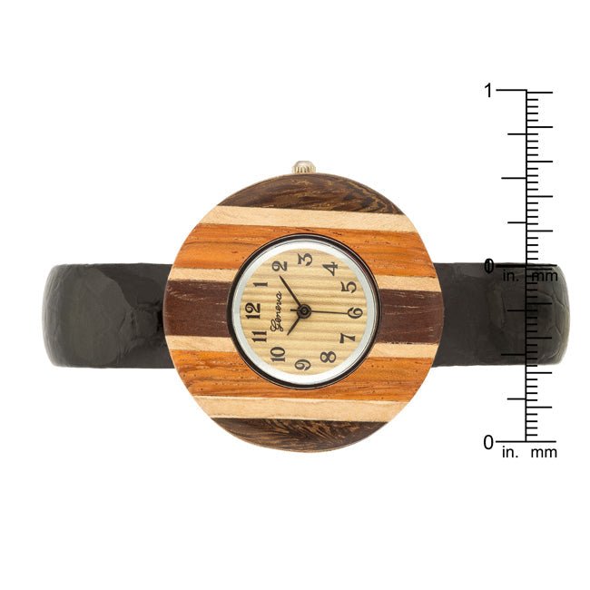 Brenna Black Wood Inspired Leather Cuff Watch - LinkagejewelrydesignLinkagejewelrydesign