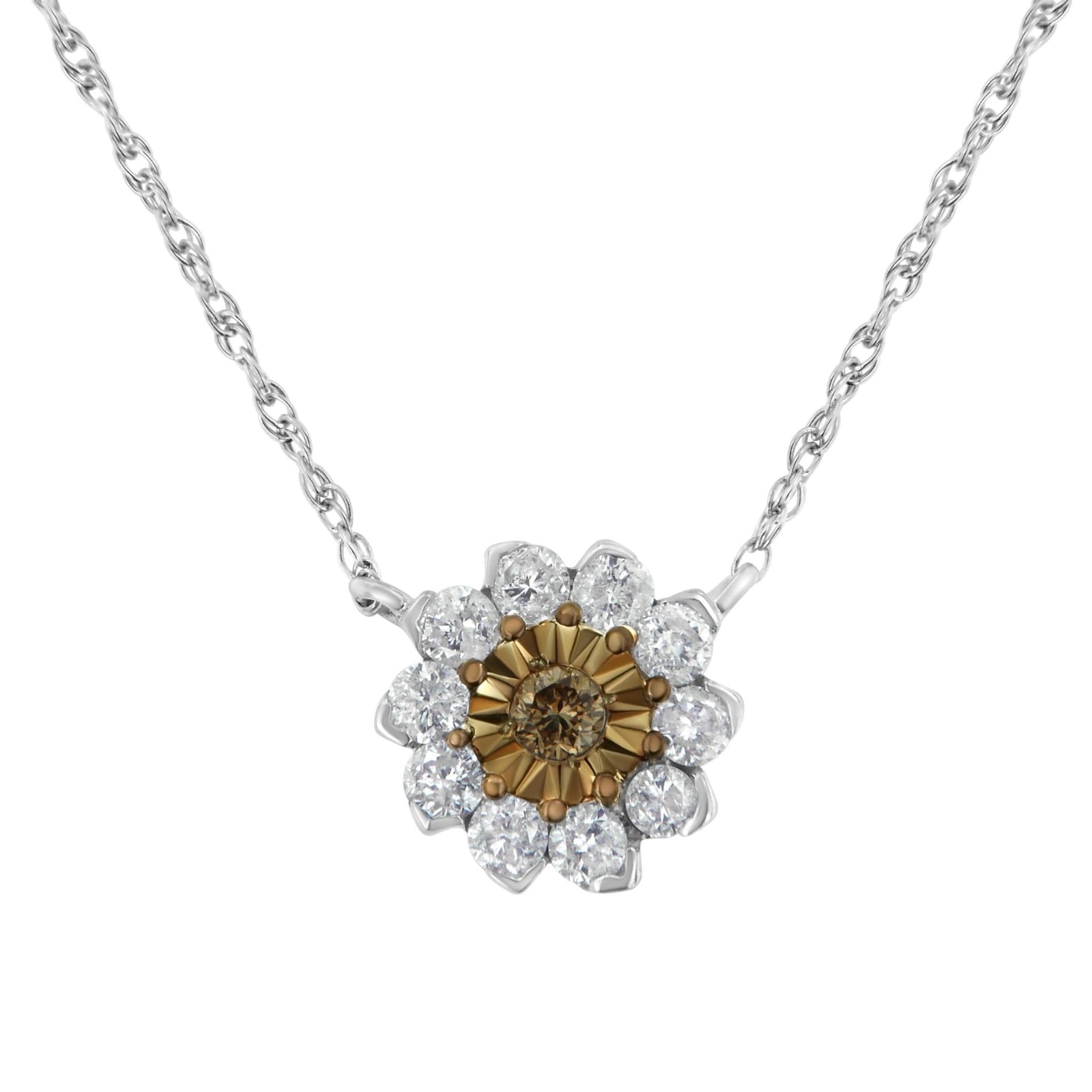 Brown Rhodium over .925 Sterling Silver 1/2 Cttw Diamond Miracle Plate Flower Cluster 18" Pendant Necklace (Champagne and I-J Color, I1-I2 Clarity) - LinkagejewelrydesignLinkagejewelrydesign