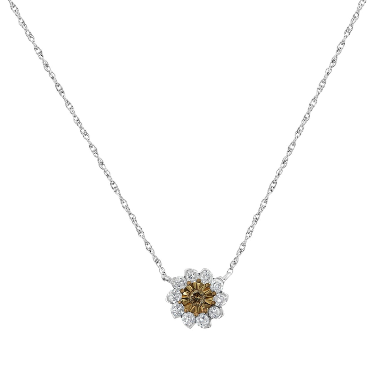 Brown Rhodium over .925 Sterling Silver 1/2 Cttw Diamond Miracle Plate Flower Cluster 18&quot; Pendant Necklace (Champagne and I-J Color, I1-I2 Clarity) - LinkagejewelrydesignLinkagejewelrydesign