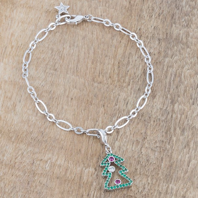 Christmas Tree 0.35ct CZ Rhodium Holiday Charm Bracelet - LinkagejewelrydesignLinkagejewelrydesign