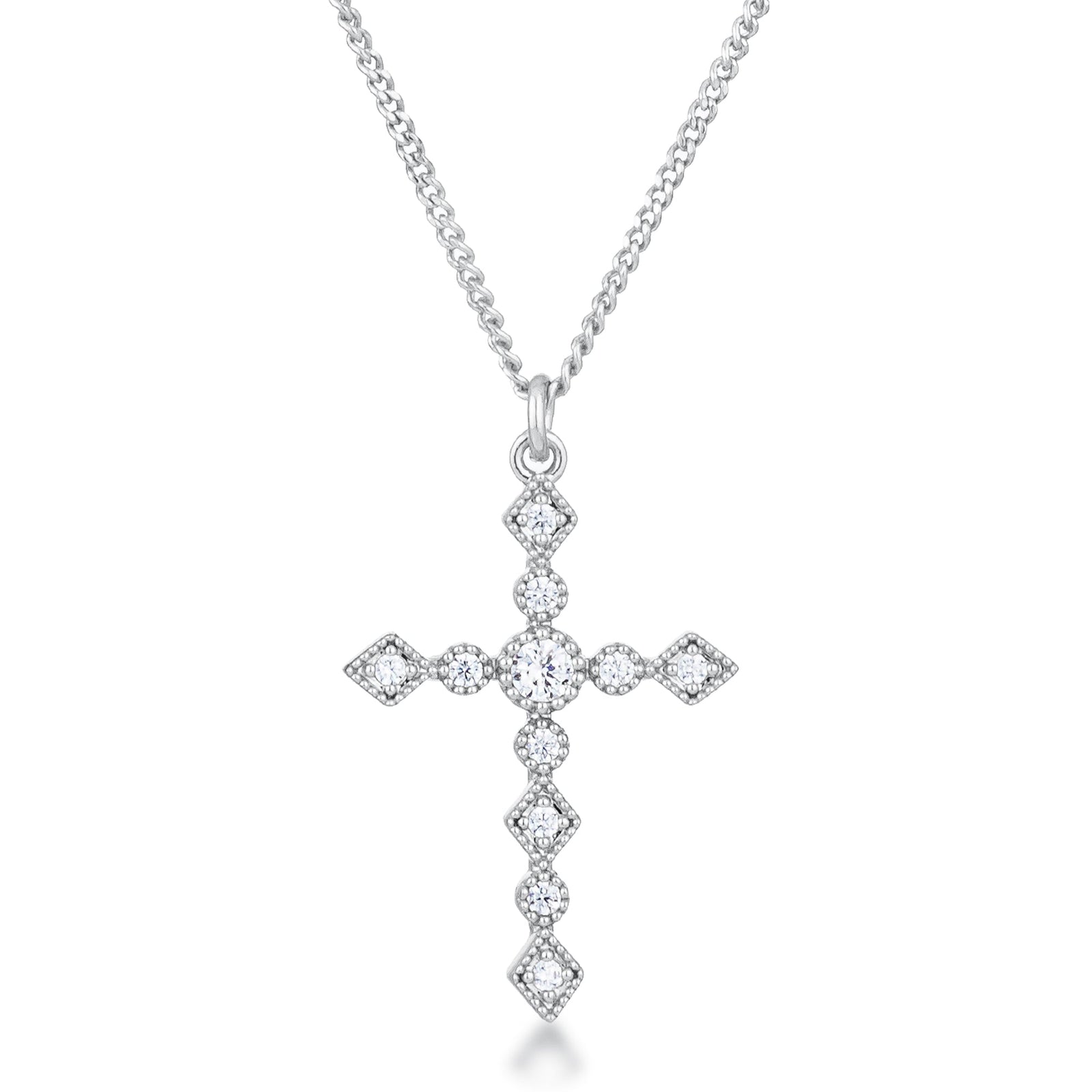 Dainty Art Deco Rhodium Plated Clear CZ Cross Pendant - LinkagejewelrydesignLinkagejewelrydesign