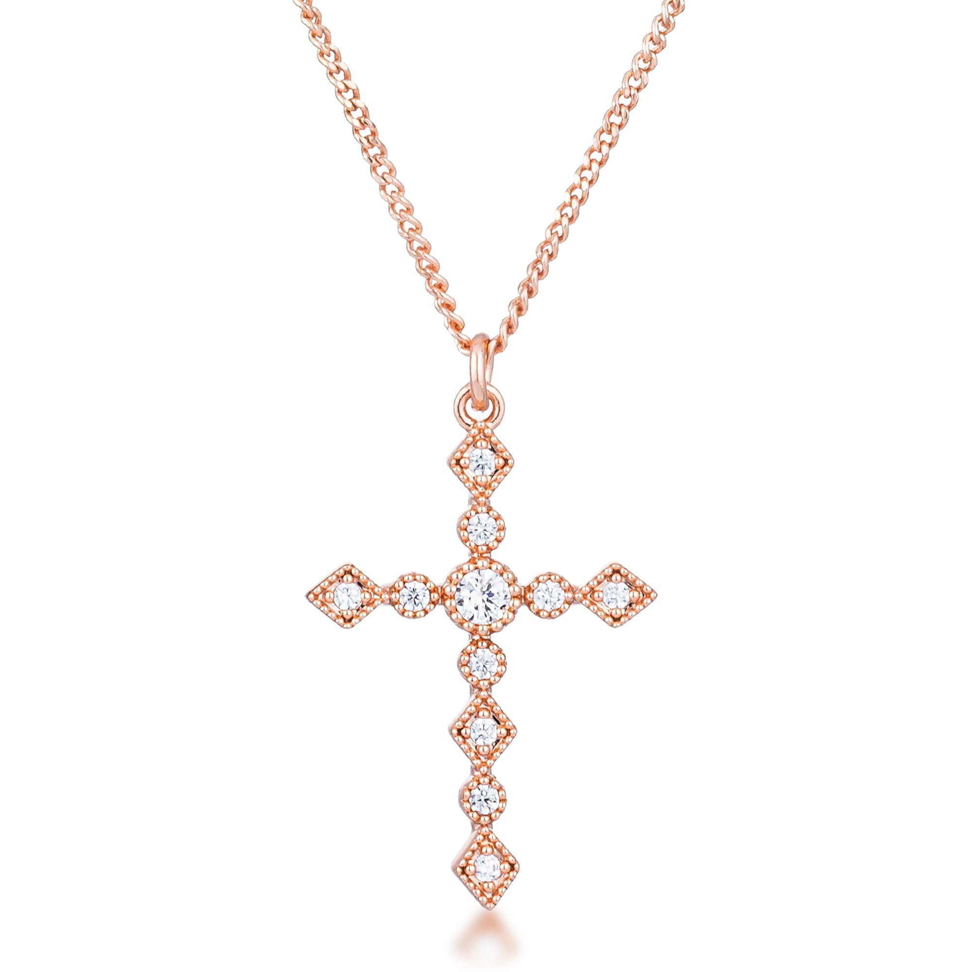 Dainty Art Deco Rose Gold Plated Clear CZ Cross Pendant - LinkagejewelrydesignLinkagejewelrydesign