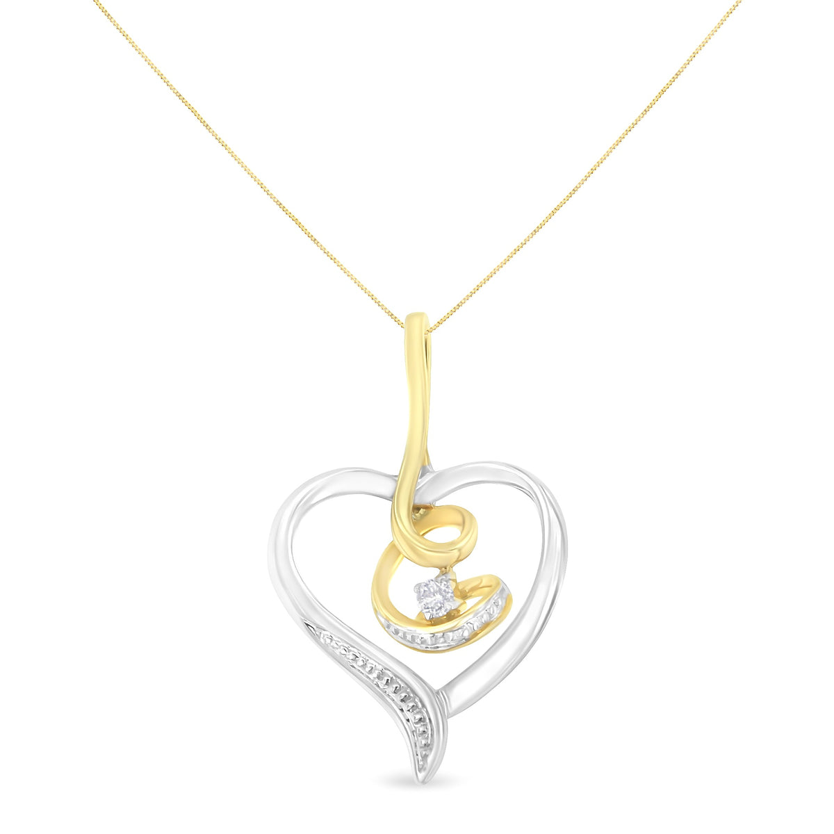 Espira 10K Two-Tone Yellow &amp; White Gold .03 Cttw Diamond-Accented Round-Cut Diamond Swirl Open Heart 18&quot; Pendant Necklace (I-J Color, I2-I3 Clarity) - LinkagejewelrydesignLinkagejewelrydesign