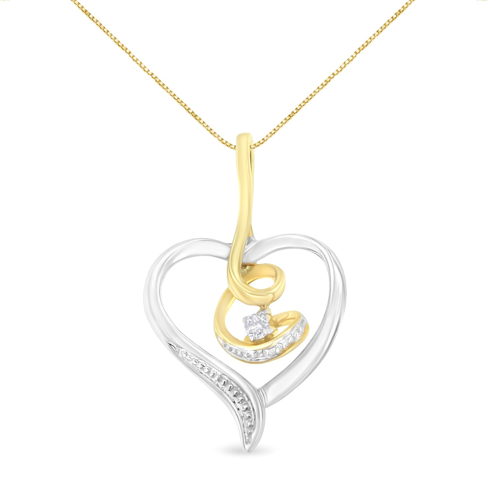 Espira 10K Two-Tone Yellow & White Gold .03 Cttw Diamond-Accented Round-Cut Diamond Swirl Open Heart 18" Pendant Necklace (I-J Color, I2-I3 Clarity) - LinkagejewelrydesignLinkagejewelrydesign