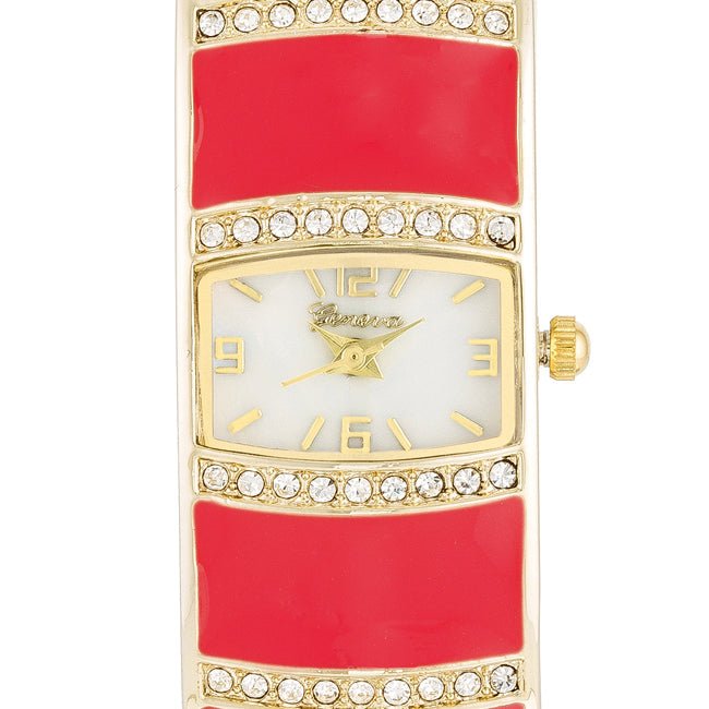 Gold Cuff Watch With Crystals - Pink - LinkagejewelrydesignLinkagejewelrydesign