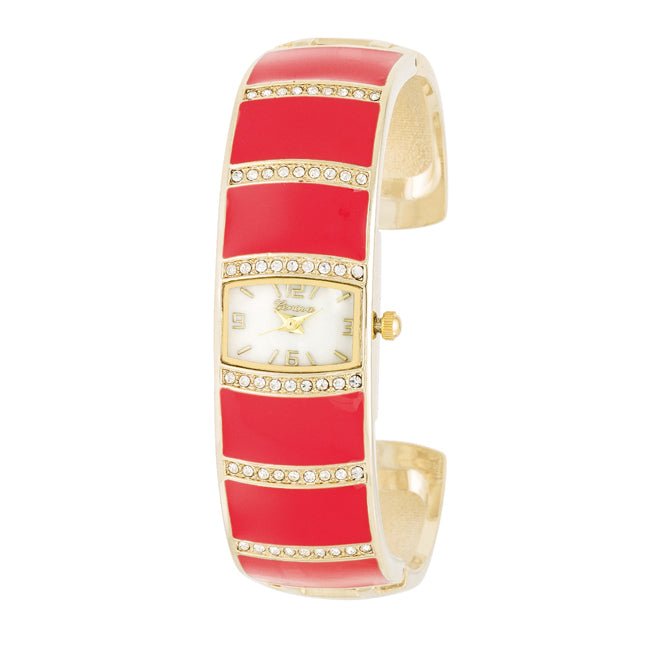 Gold Cuff Watch With Crystals - Pink - LinkagejewelrydesignLinkagejewelrydesign