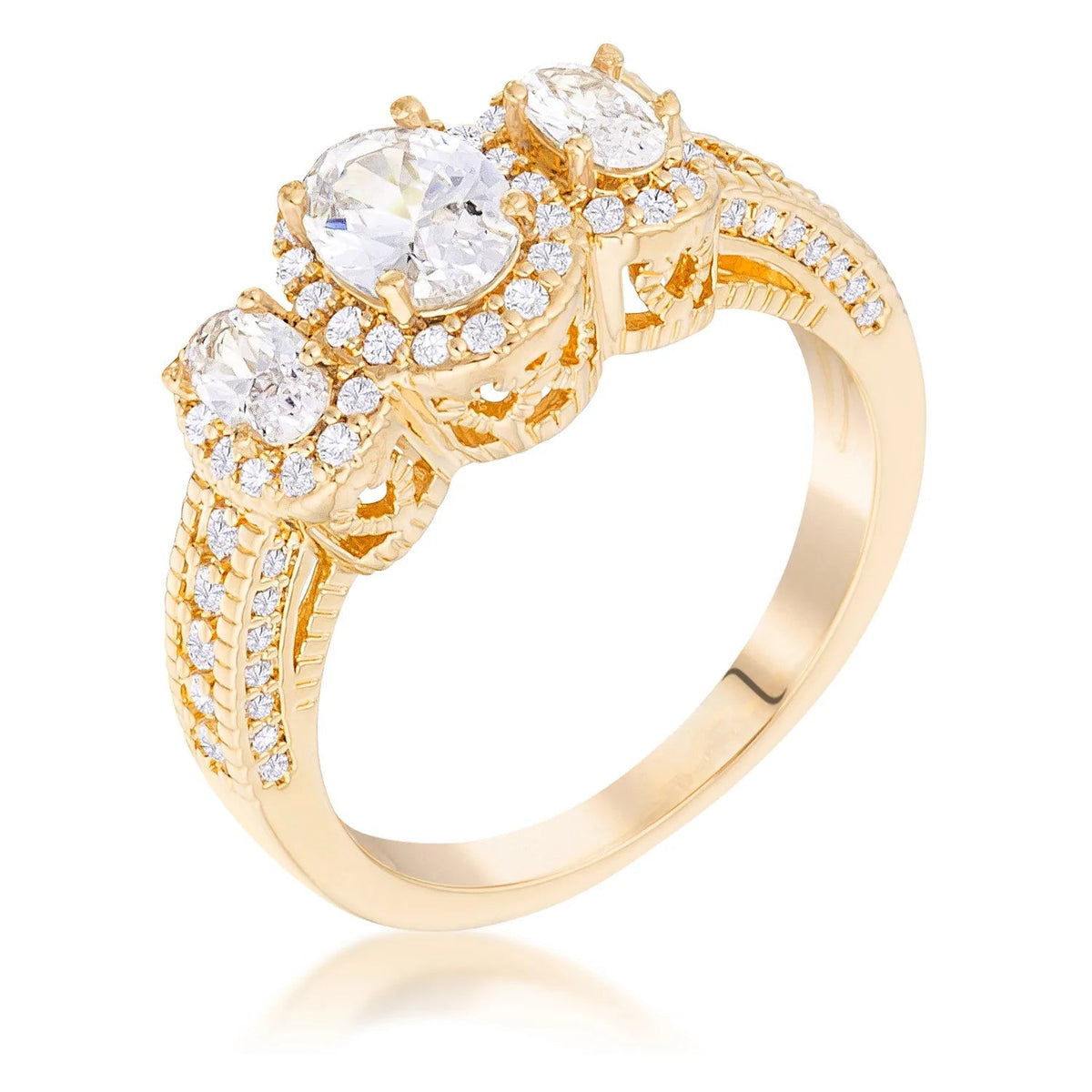 Gold Plated 3-Stone Clear Oval Cut CZ Halo Ring, &lt;b&gt;Size 5&lt;/b&gt; - LinkagejewelrydesignLinkagejewelrydesign