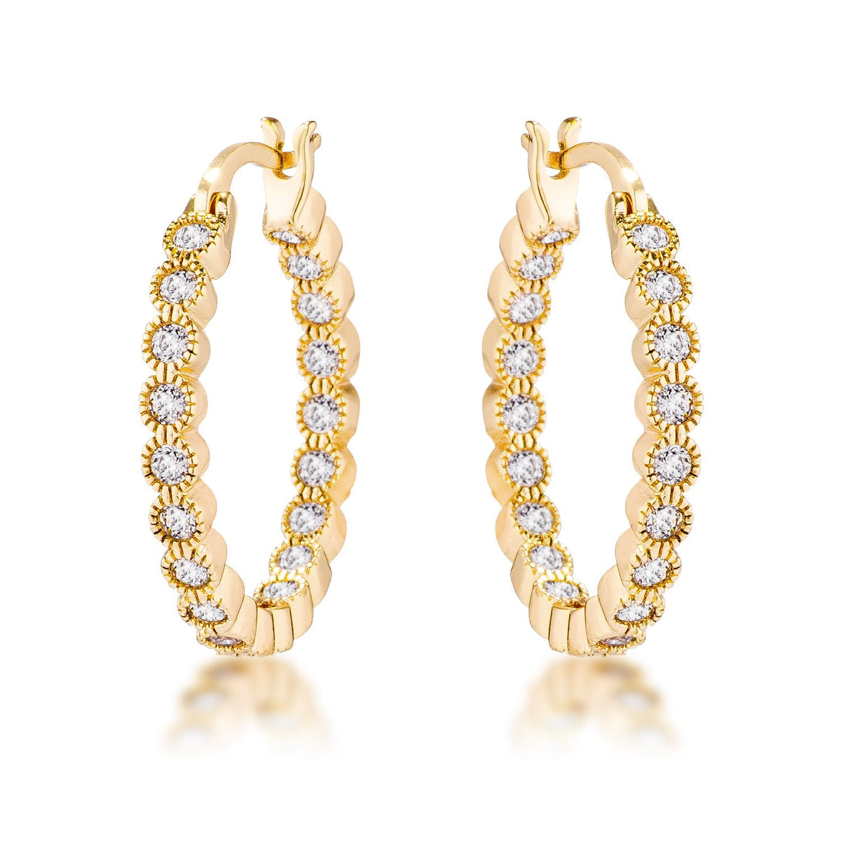 Gold Plated Dotted Clear CZ Round Bezel Hoop Earrings - LinkagejewelrydesignLinkagejewelrydesign