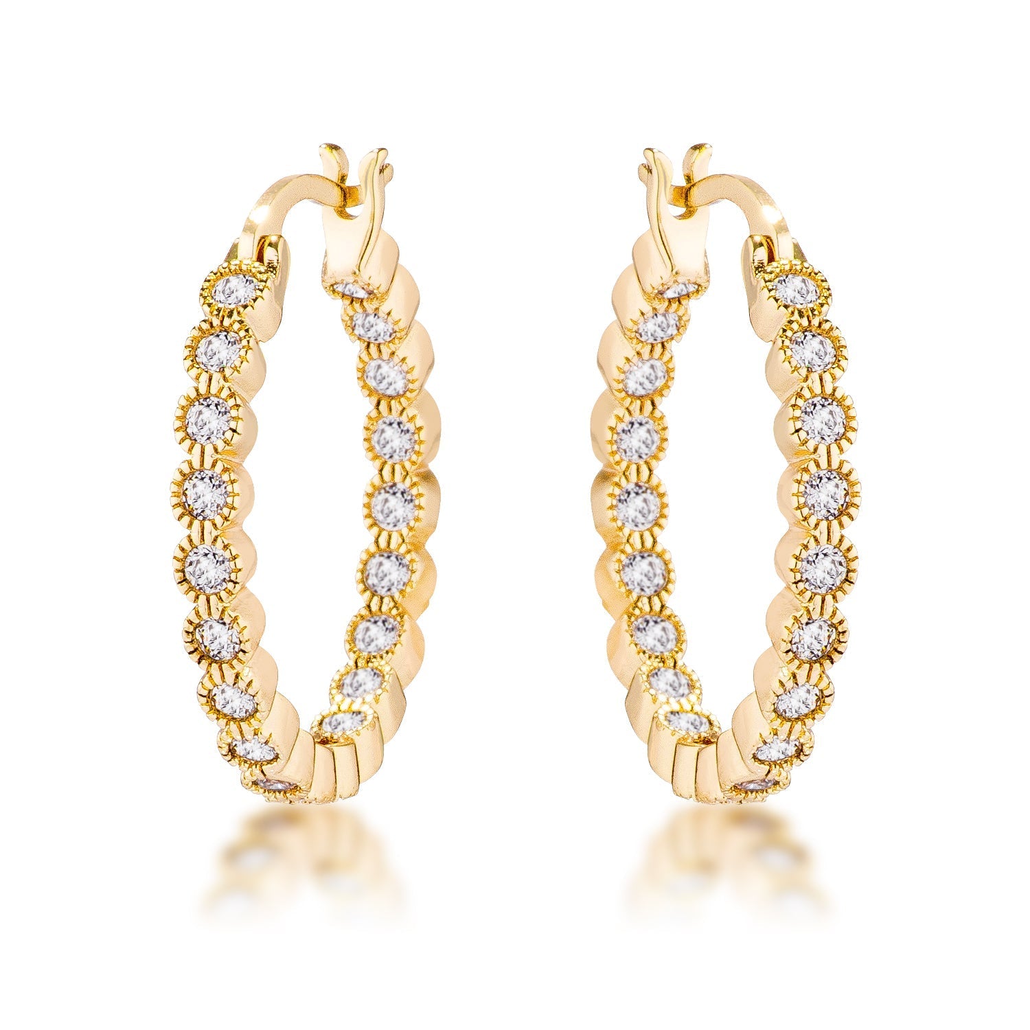 Gold Plated Dotted Clear CZ Round Bezel Hoop Earrings - LinkagejewelrydesignLinkagejewelrydesign