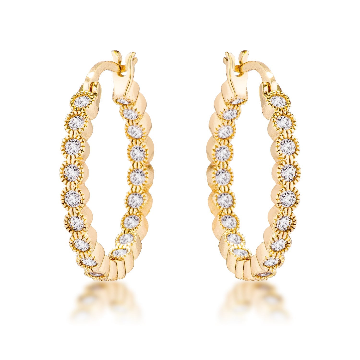 Gold Plated Dotted Clear CZ Round Bezel Hoop Earrings - LinkagejewelrydesignLinkagejewelrydesign
