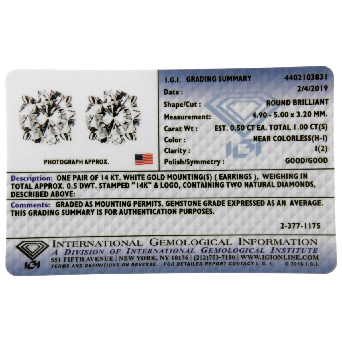 IGI Certified 1.00 Cttw Round Brilliant-Cut Diamond 14K White Gold Classic 4-Prong Solitaire Stud Earrings (H-I Color, I1-I2 Clarity) - LinkagejewelrydesignLinkagejewelrydesign