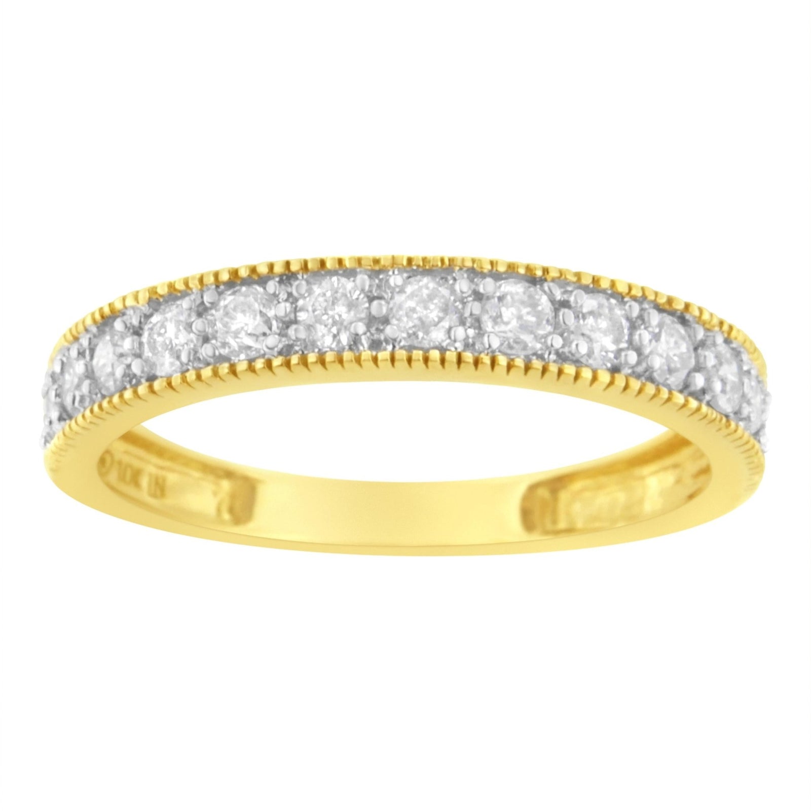 IGI Certified 1/2 Cttw Diamond 10K Yellow Gold Prong Set Beaded Milgrain Band Style Ring (J-K Color, I2-I3 Clarity) - Size 7 - LinkagejewelrydesignLinkagejewelrydesign