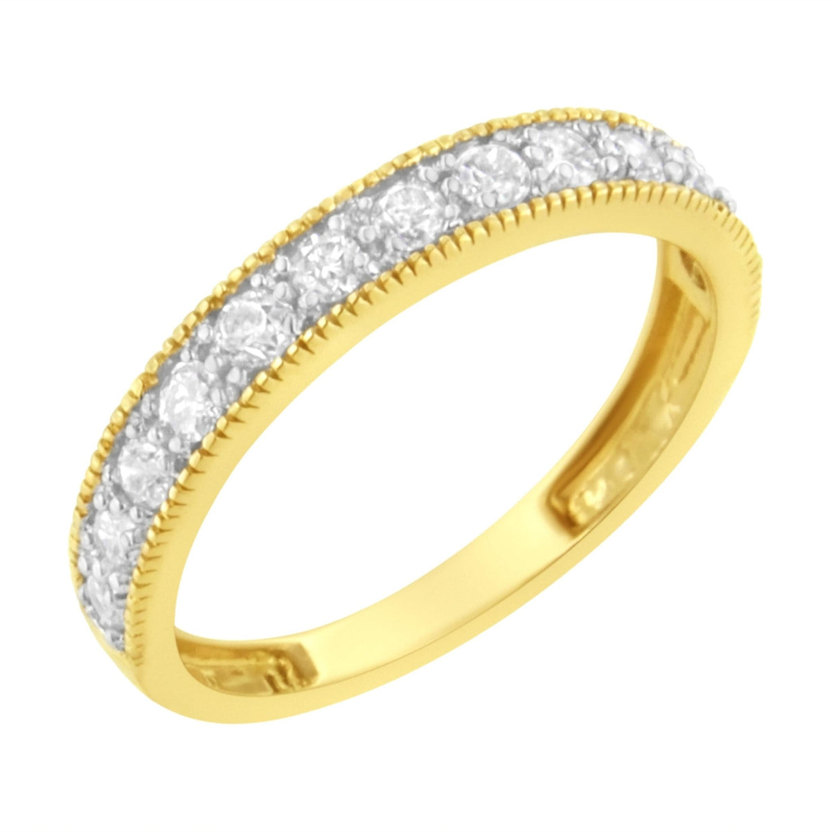 IGI Certified 1/2 Cttw Diamond 10K Yellow Gold Prong Set Beaded Milgrain Band Style Ring (J-K Color, I2-I3 Clarity) - Size 7 - LinkagejewelrydesignLinkagejewelrydesign