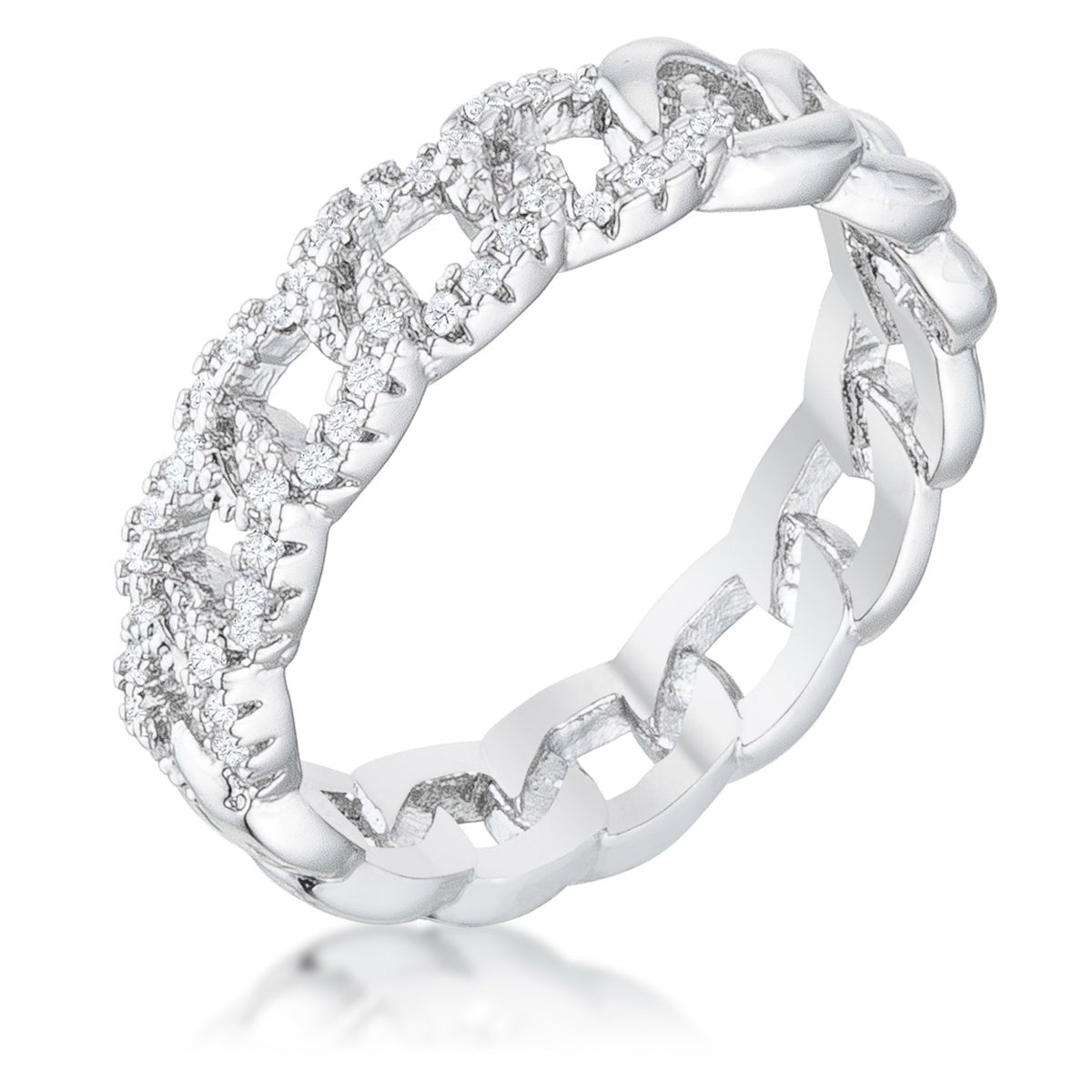 Interlocking Rhodium Chain Design Ring with CZ, &lt;b&gt;Size 5&lt;/b&gt; - LinkagejewelrydesignLinkagejewelrydesign