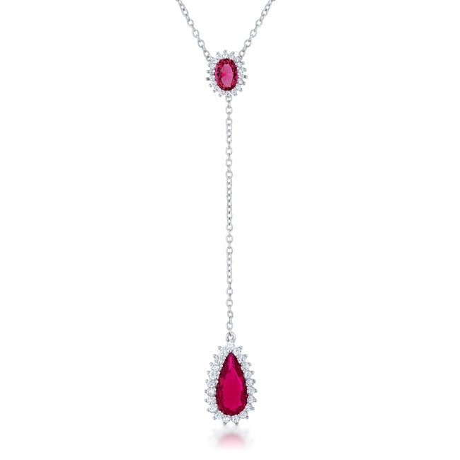 Lara 5.8ct Ruby CZ Rhodium Classic Drop Lariat Necklace - LinkagejewelrydesignLinkagejewelrydesign